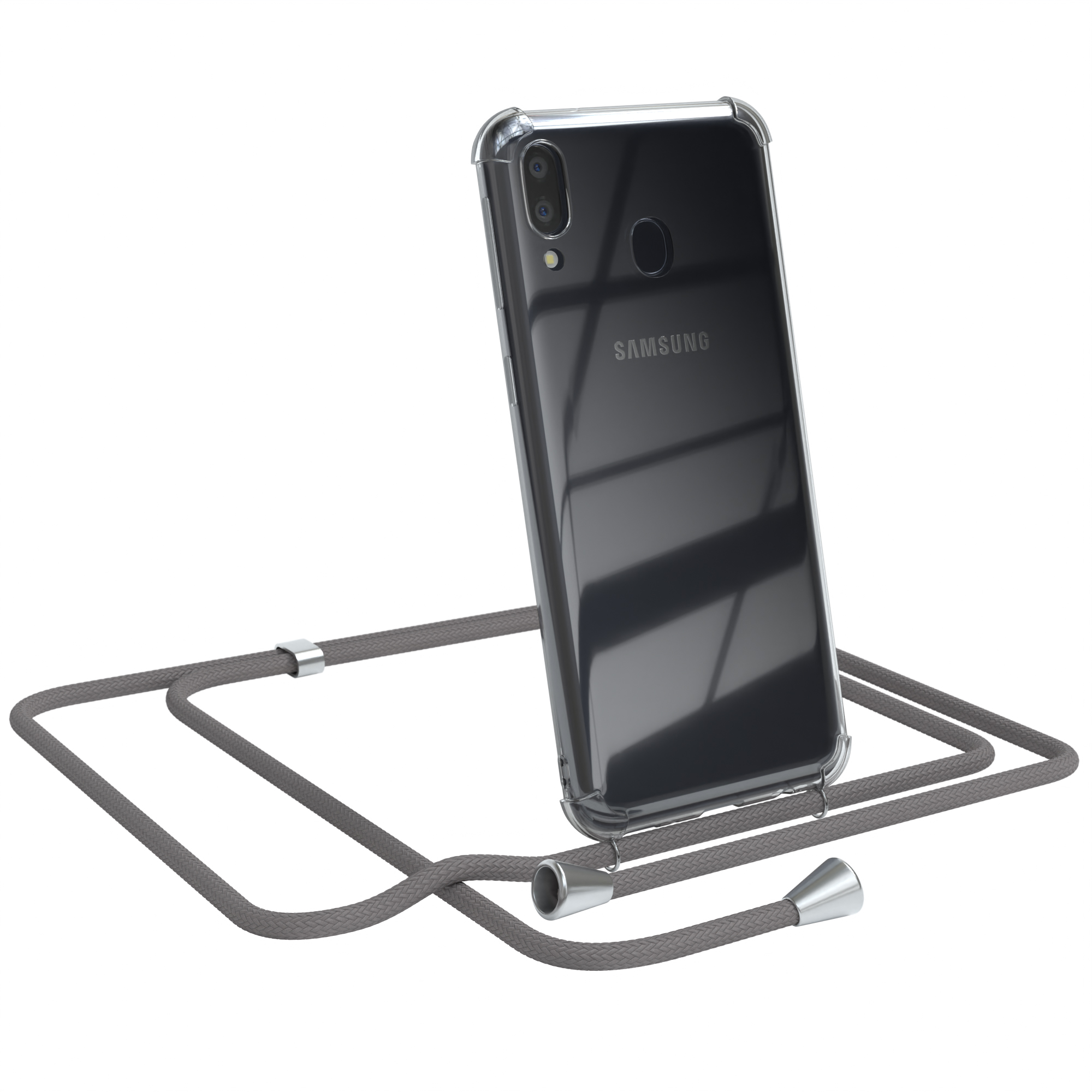 Telefon in klarer Hülle mit grauem Band. Samsung-Logo sichtbar. Auf Weiß gelehnt.