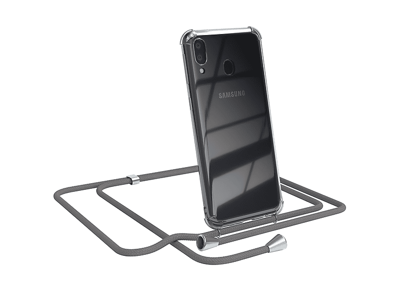 EAZY CASE Clear Cover mit Umhängeband, Umhängetasche, Samsung, Galaxy M20, Grau / Clips Silber | Handyketten