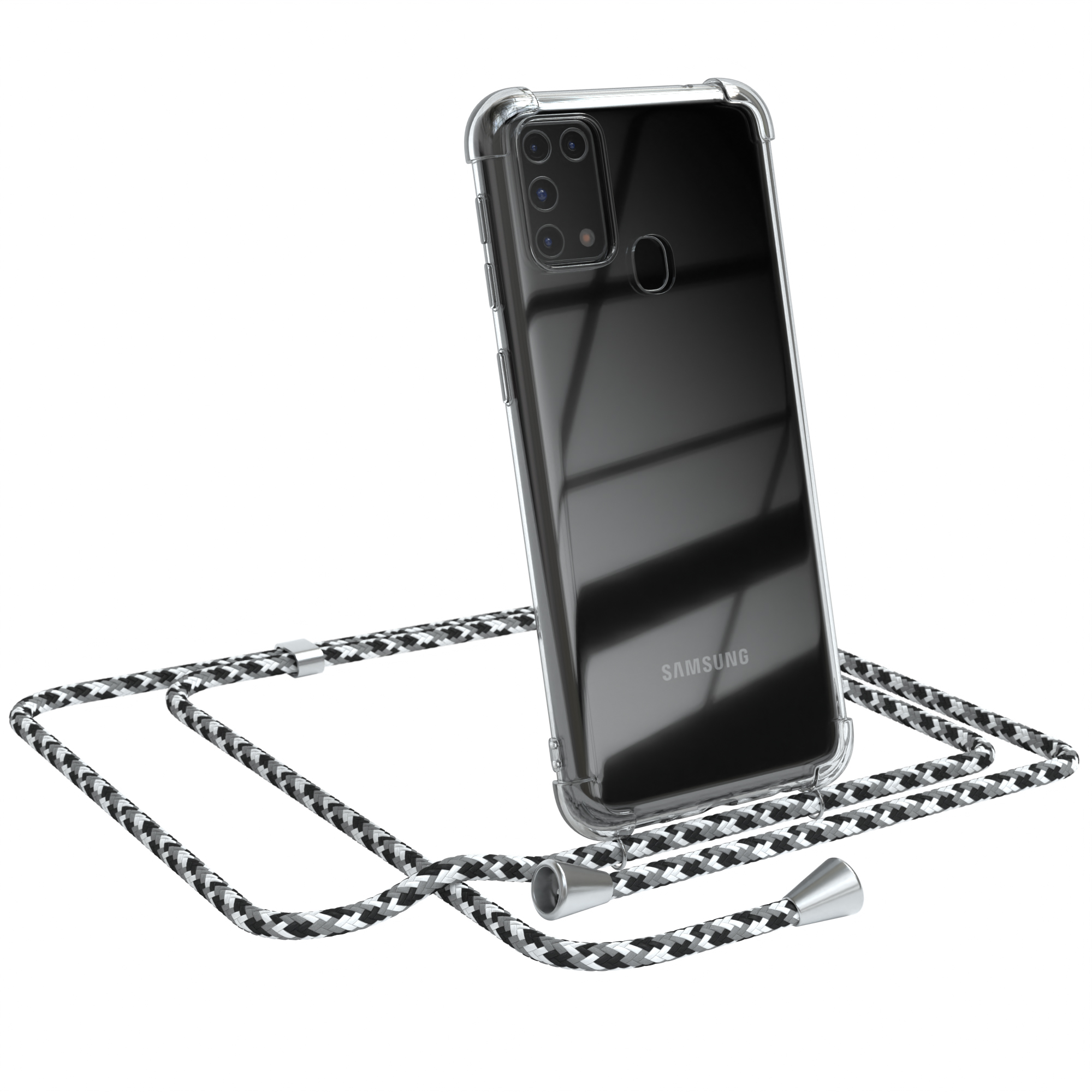 Transparente Handyhülle mit schwarz-weißem Lanyard, das ein Telefon hält. Samsung-Logo sichtbar.