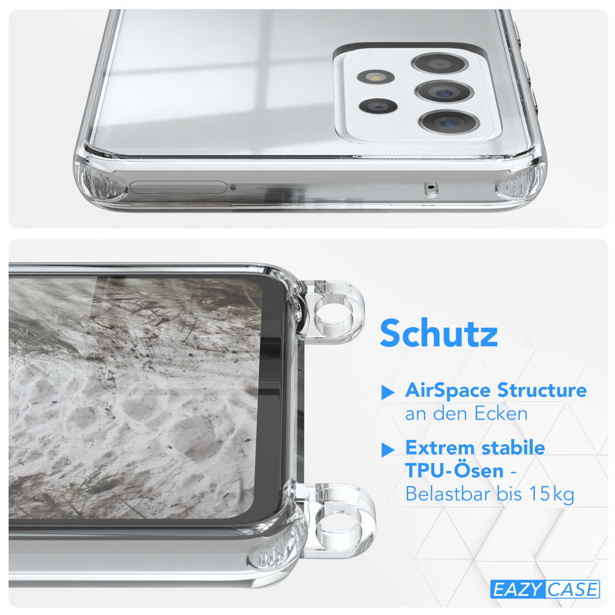Nahaufnahme einer Handyhülle. Der Text lautet 'Schutz', 'AirSpace Structure' und 'Eazy Case'.
