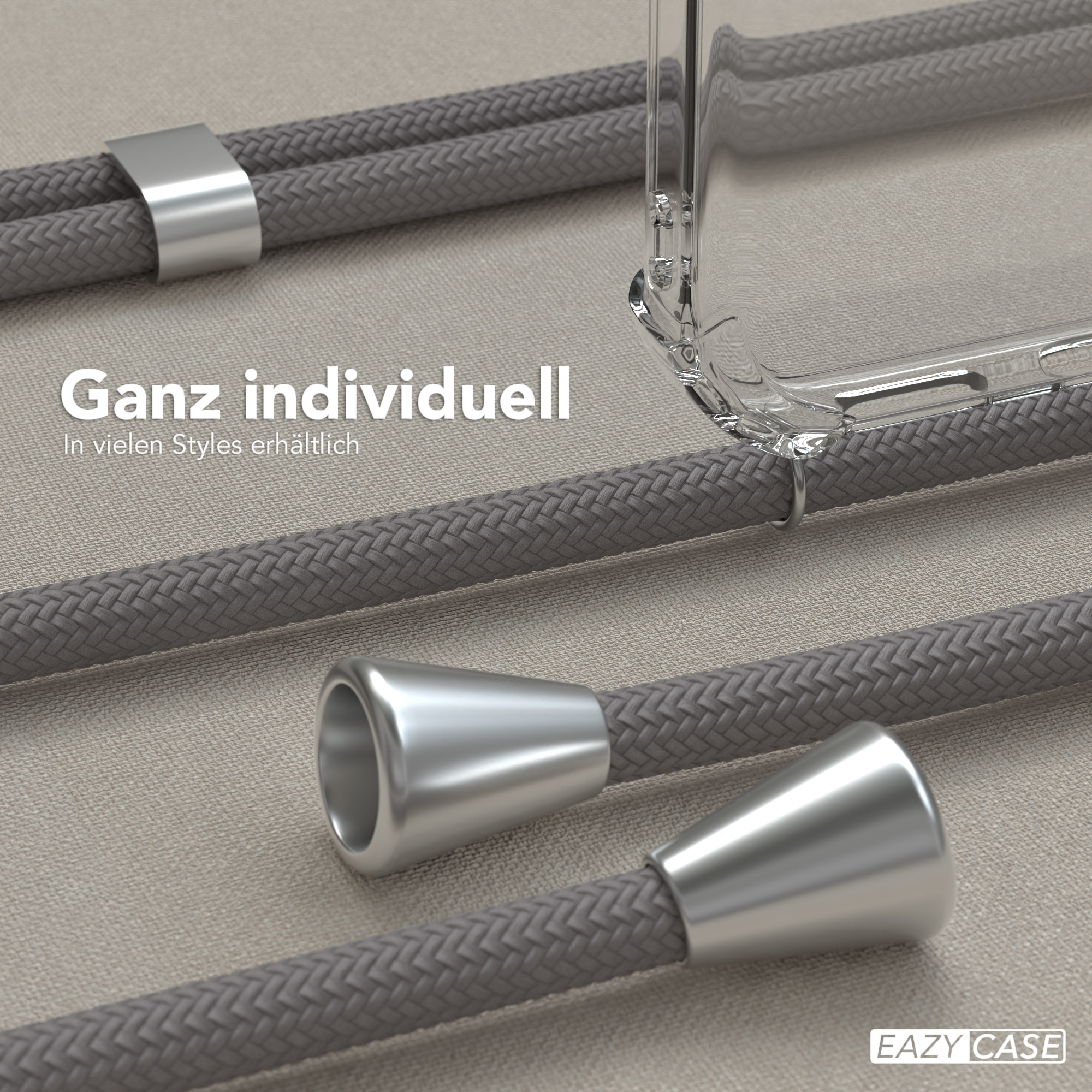 Handyhüllen-Zubehör, Nahaufnahme von Lanyard und Metallteilen.