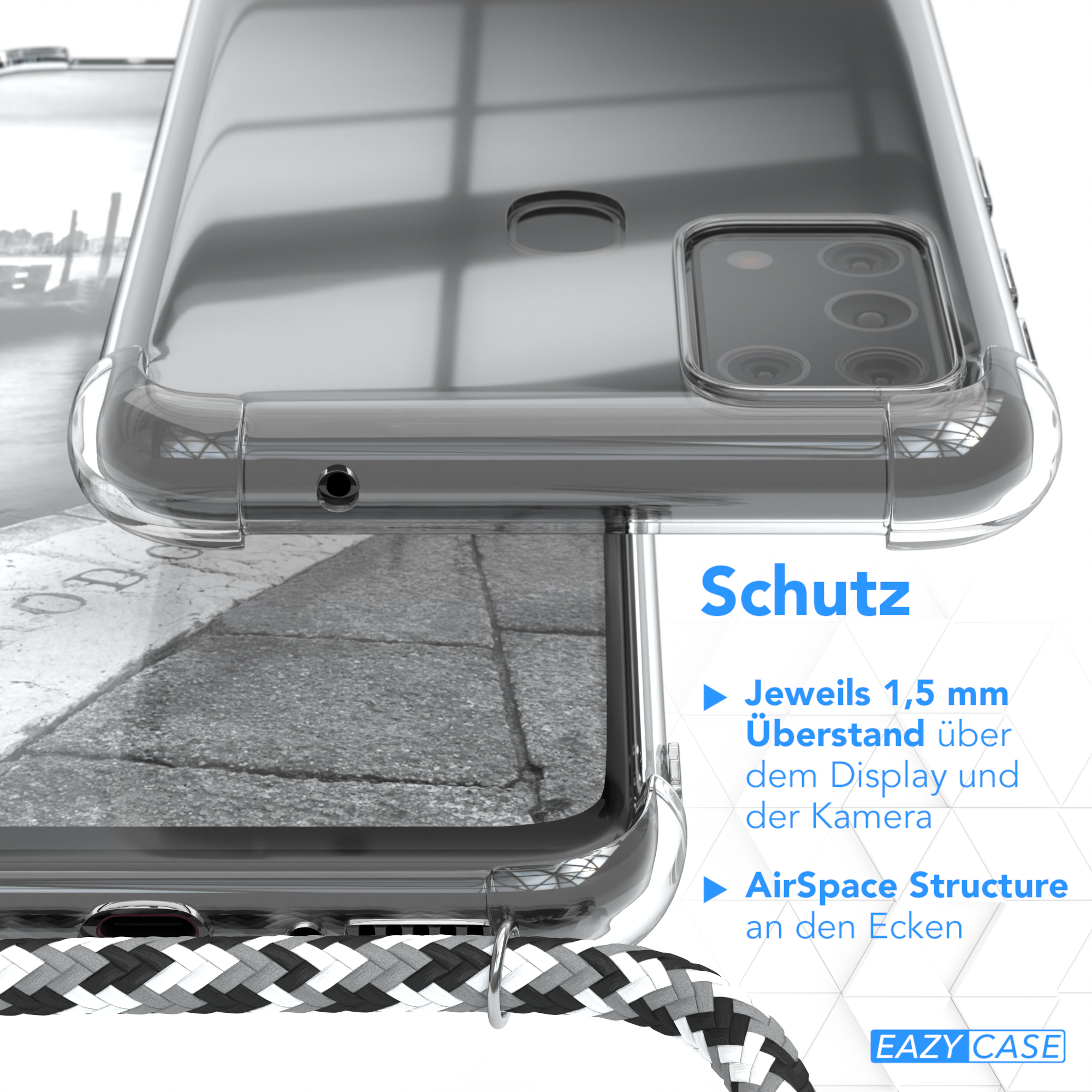 Nahaufnahme einer Handyhülle mit Details. Schwarz-weißer Riemen. Klare Hülle.