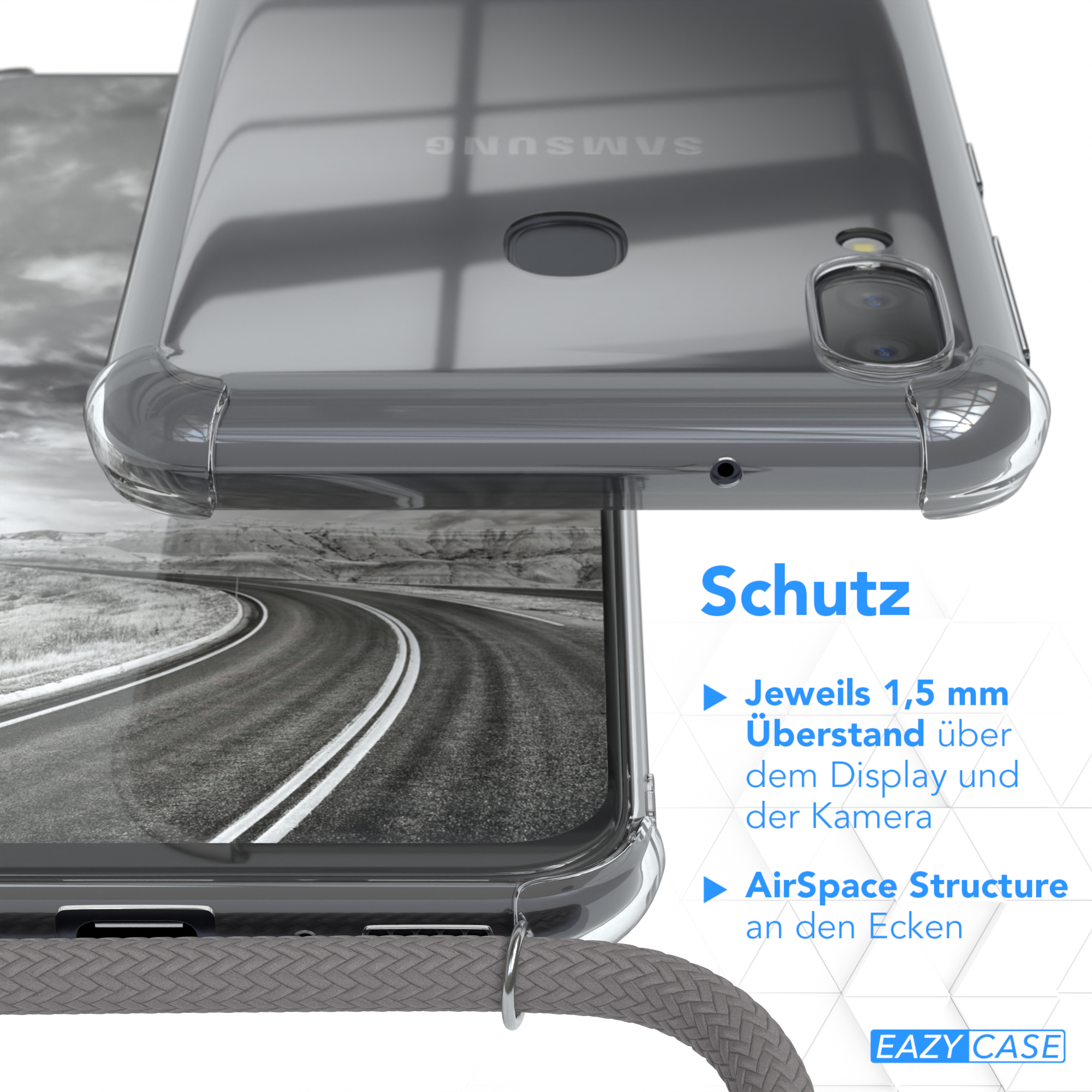 EAZY CASE Clear Cover Umhängetasche, Galaxy / Samsung, Silber M20, Grau Clips mit Umhängeband