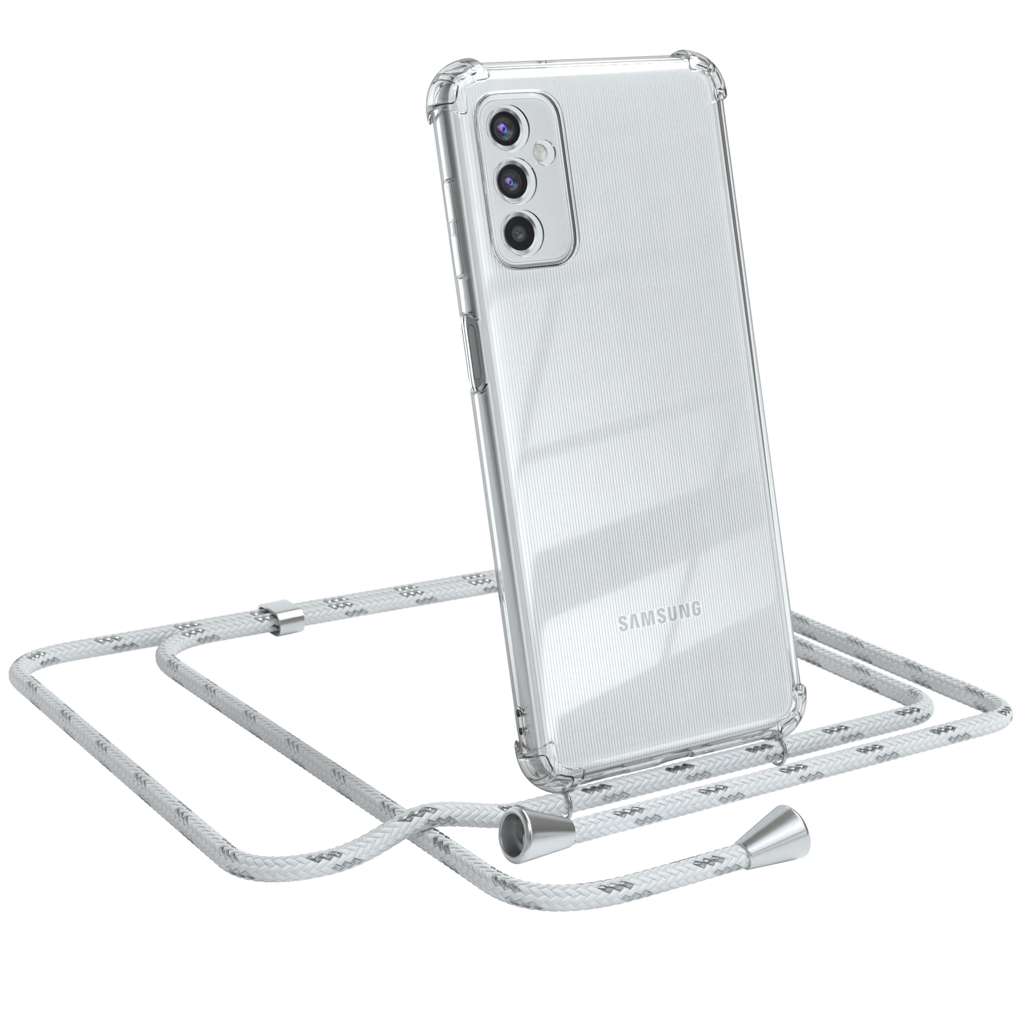 Transparente Handyhülle mit weißem Kabel. Das Telefon lehnt sich an das Kabel. Silberne Akzente.