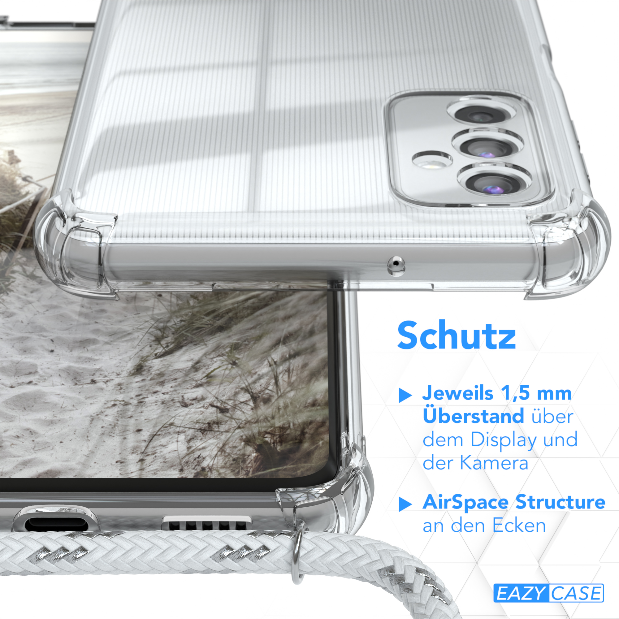 Transparente Handyhülle über einem Telefon. Text liest sich 'Schutz'. Das Telefon liegt auf einem weißen Kabel.