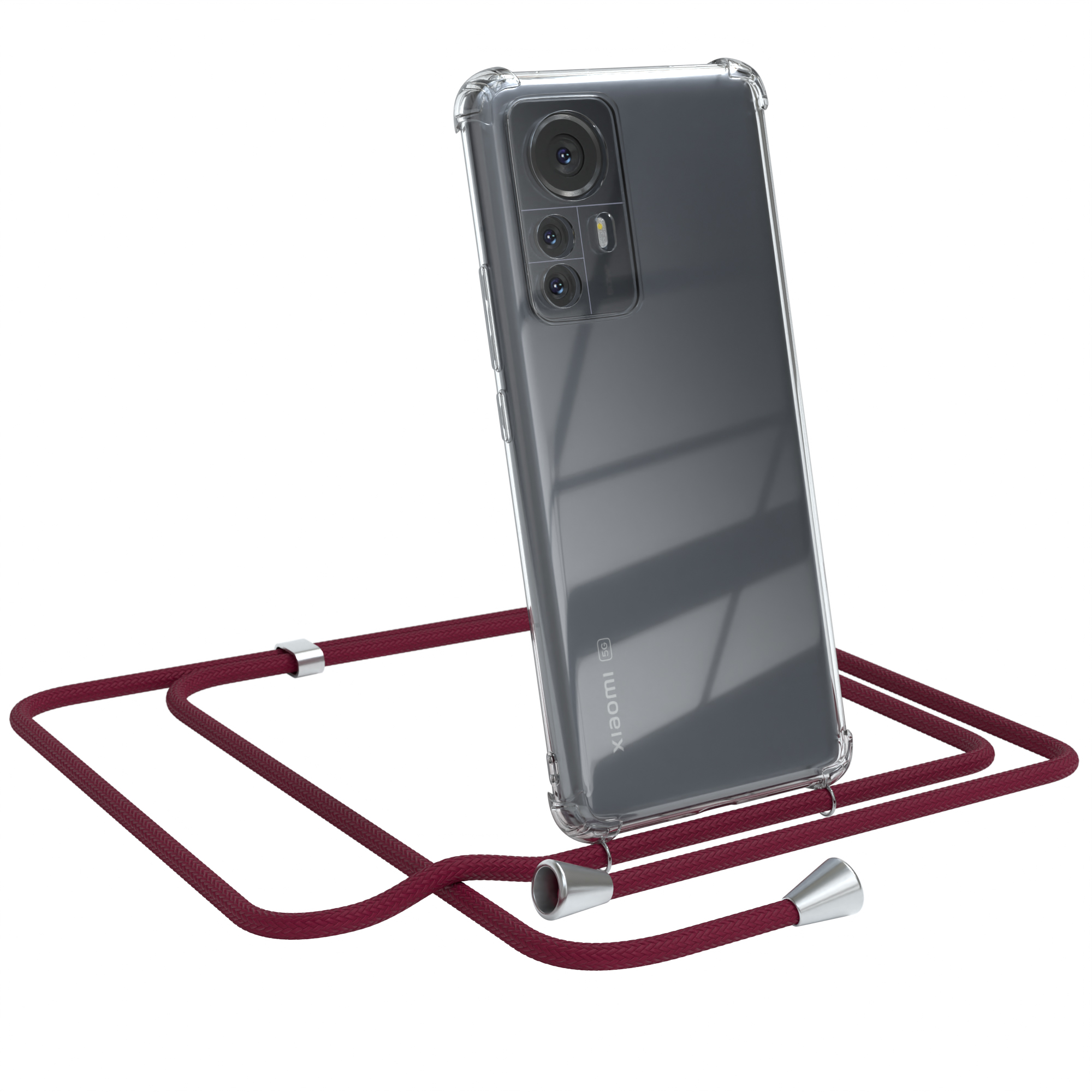 Telefon in transparenter Hülle mit weinrotem Riemen. Das Telefon ist abgewinkelt, Xiaomi-Logo sichtbar.