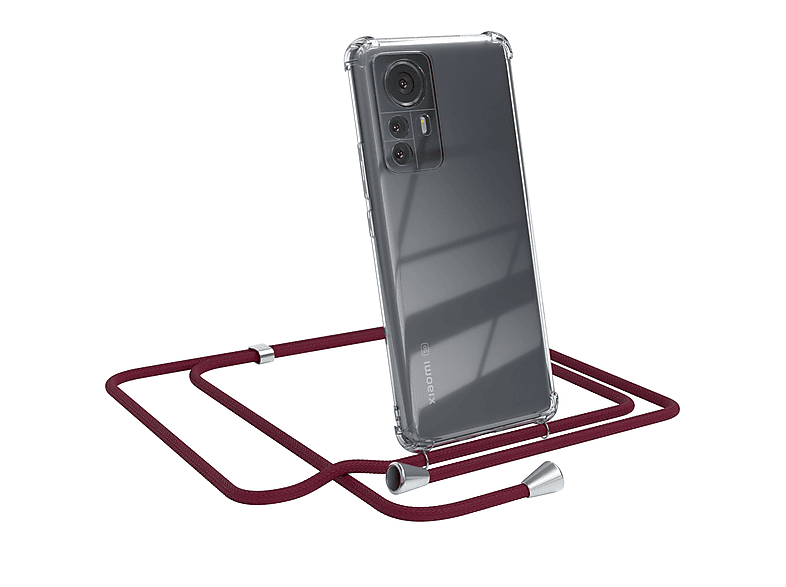 EAZY CASE Clear Cover mit Umhängeband, Umhängetasche, Xiaomi, 12 Pro, Bordeaux Rot / Clips Silber