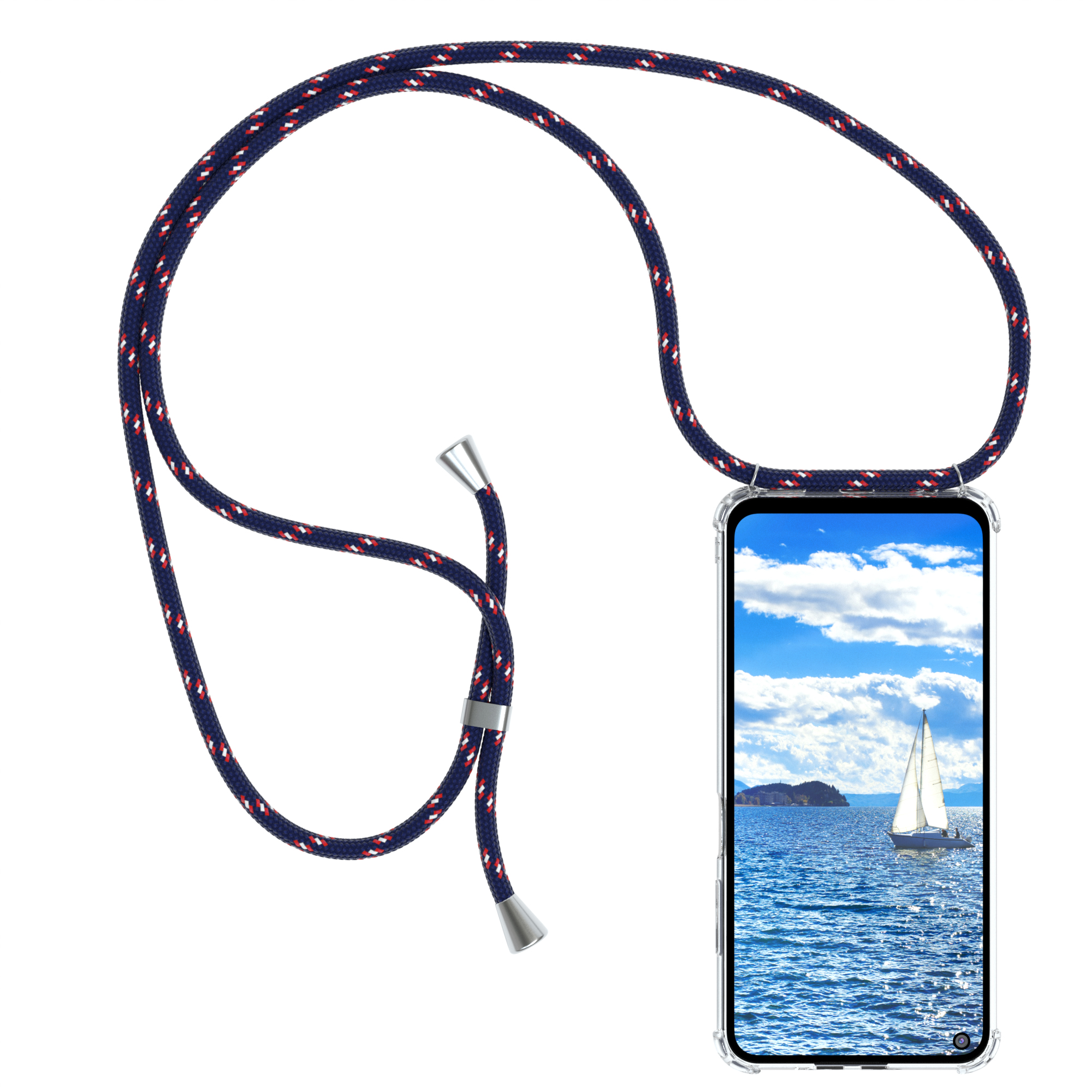 Ein Telefon in einer transparenten Hülle mit einem blau-rot-weißen Seil. Das Telefon zeigt eine Meeresansicht.