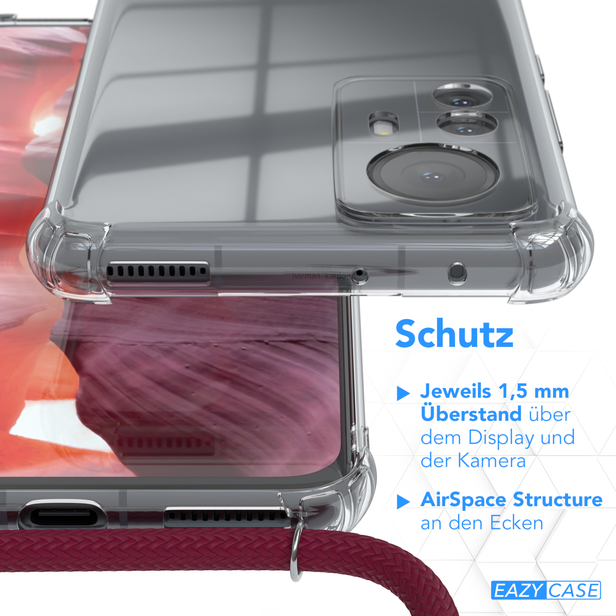 Nahaufnahme der Telefonhülle mit Schutzfunktionen. Text hebt Funktionen wie AirSpace Structure hervor.