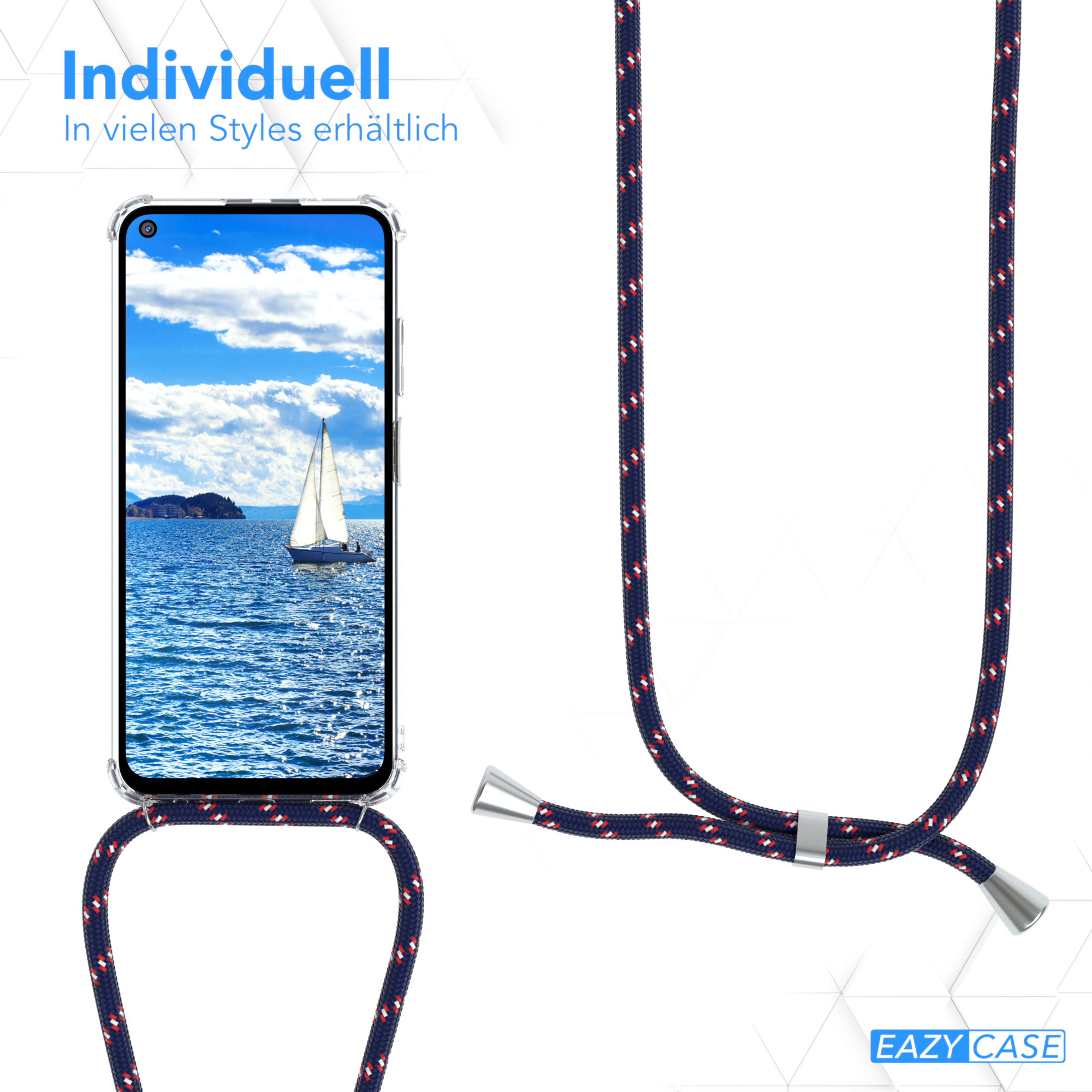 Telefon mit blauem Himmel. Daneben ein marineblau-rotes Band.