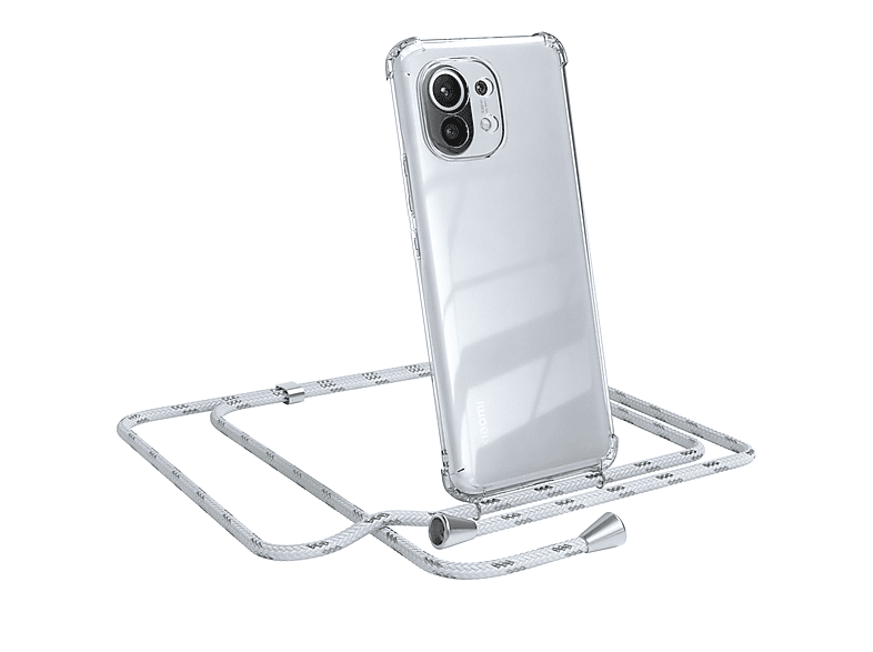 EAZY CASE Clear Cover mit Umhängeband, Umhängetasche, Xiaomi, Mi 11 5G, Weiß / Clips Silber