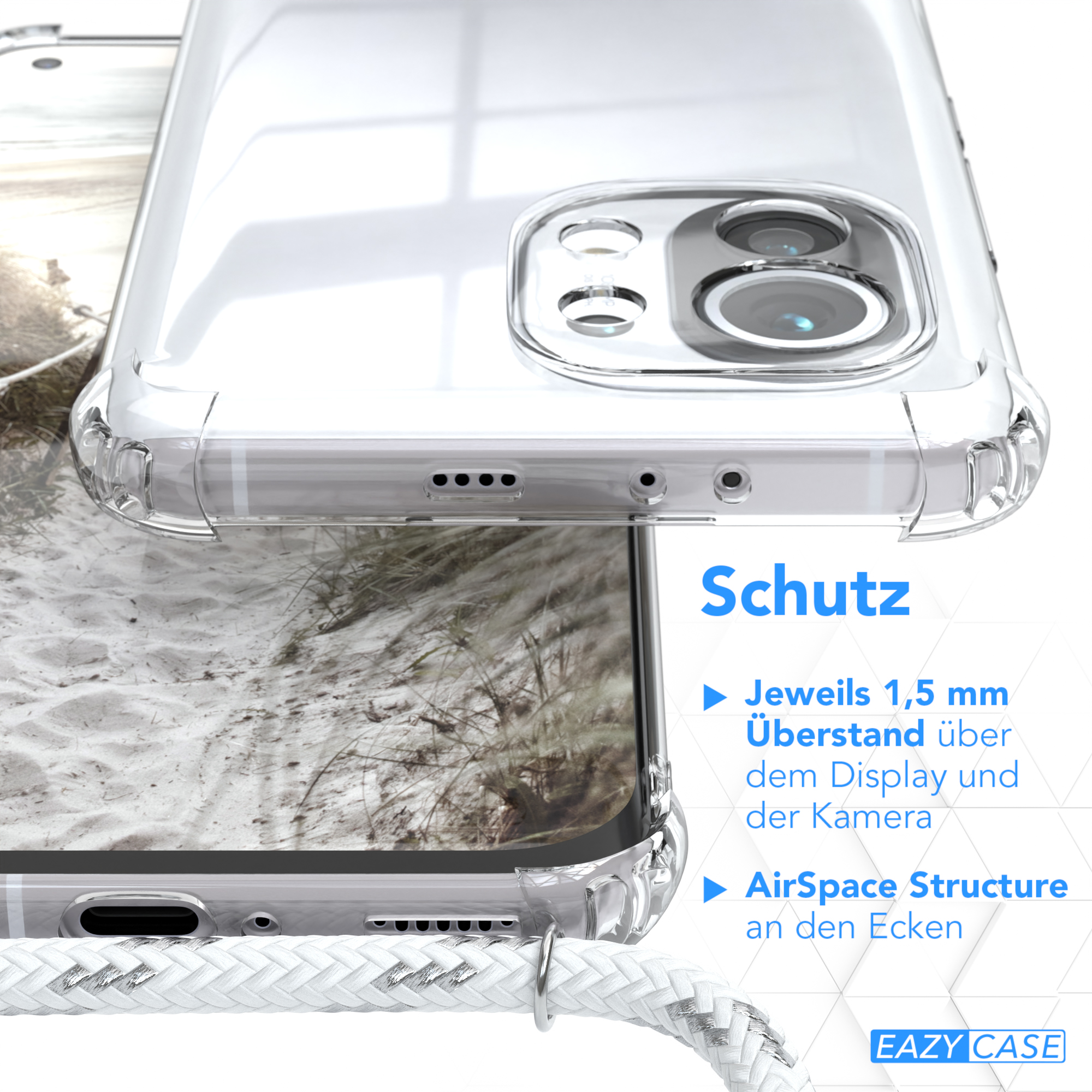 Nahaufnahme einer Handyhülle. Zeigt Schutzfunktionen, mit Text auf Deutsch.