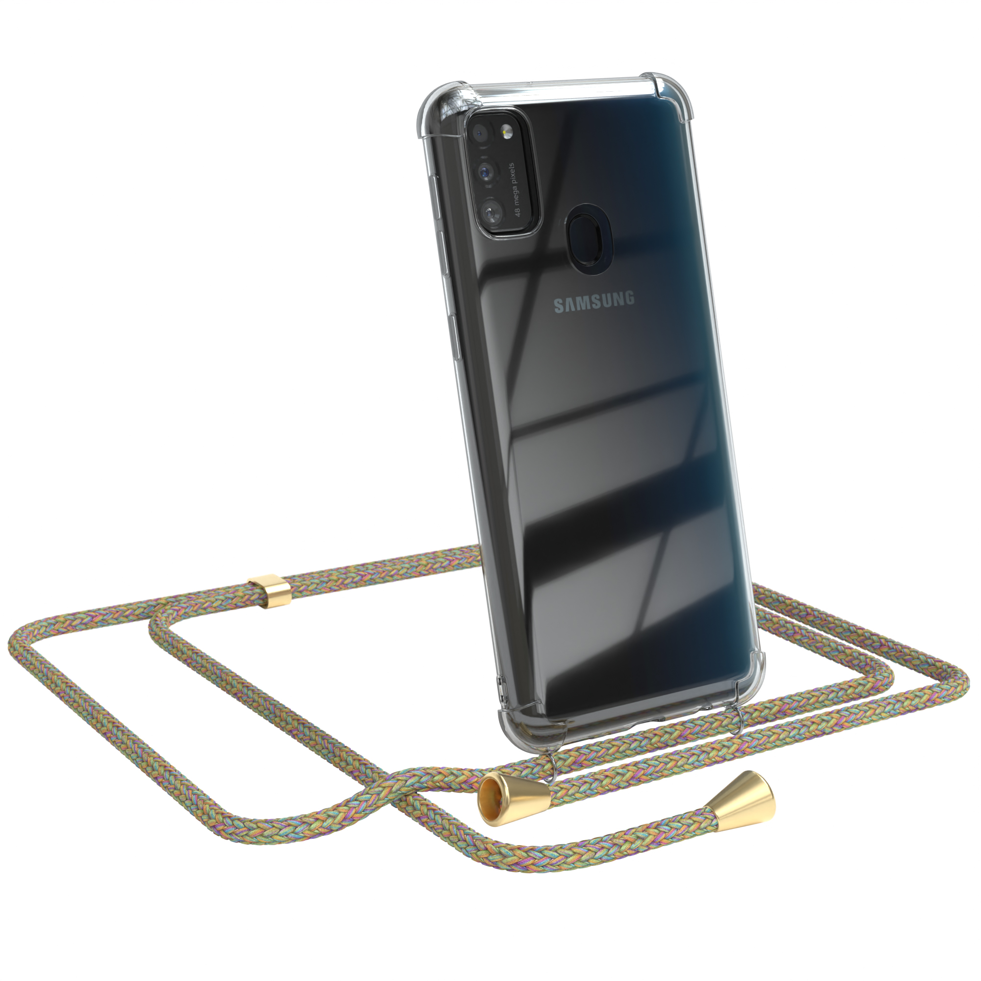Transparente Handyhülle mit Lanyard. Ein schwarzes Samsung-Handy ist darin.