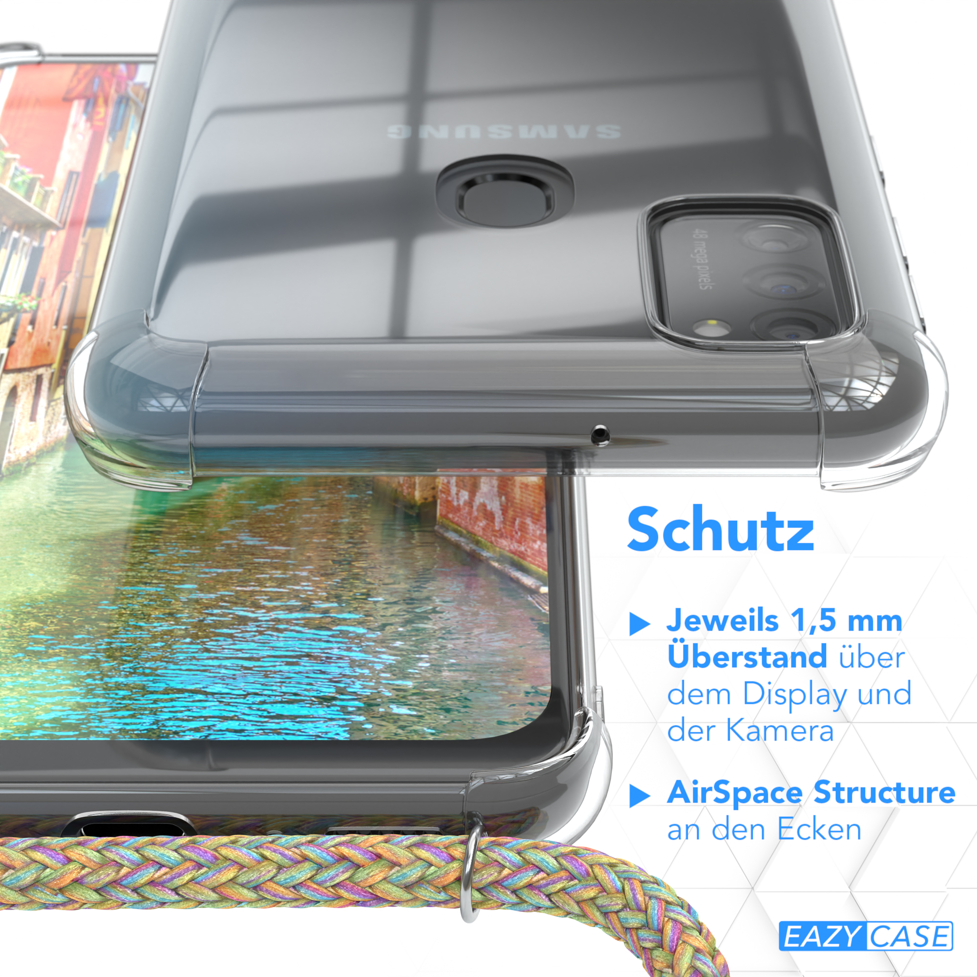Transparente Handyhülle mit farbenfrohem Riemen und Telefon. Text zeigt Schutz.