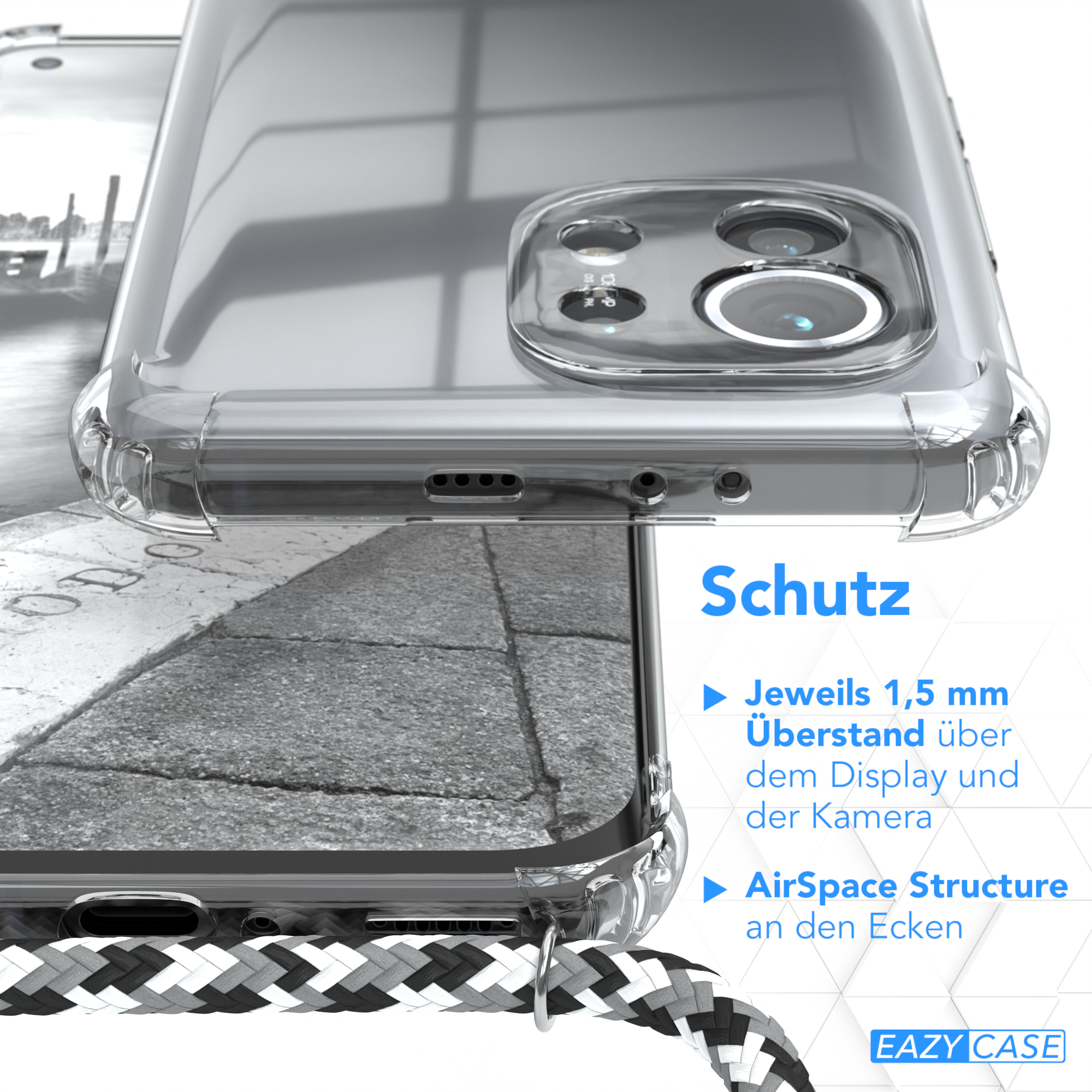 Transparente Handyhülle, mit schwarz-weiß geflochtenem Ladekabel, auf Deutsch.
