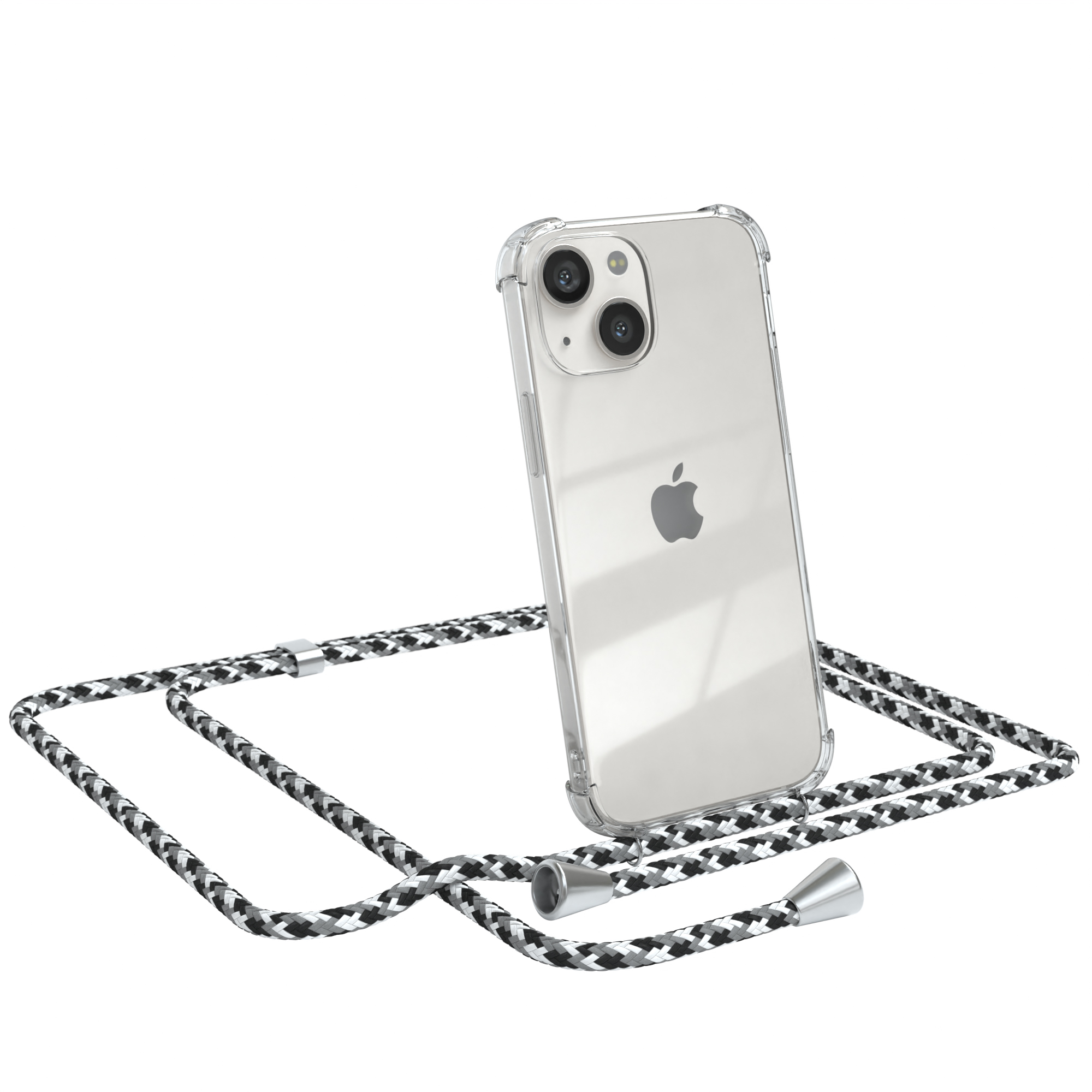 iPhone in transparenter Hülle mit schwarz-weiß geflochtenem Umhängeband. Weißer Hintergrund.