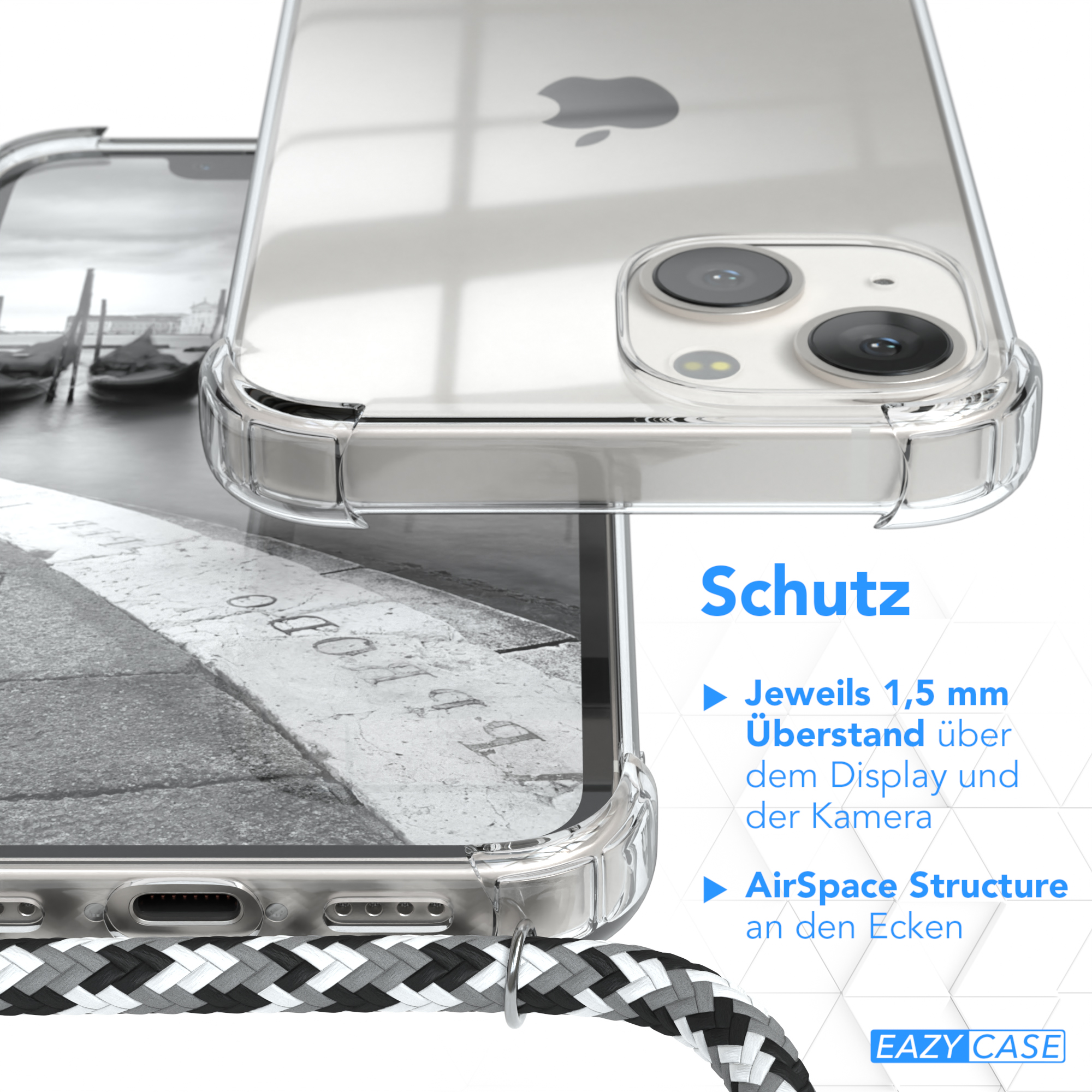 Eine transparente Handyhülle mit einem schwarz-weißen Riemen, über einem verschwommenen Hintergrund.