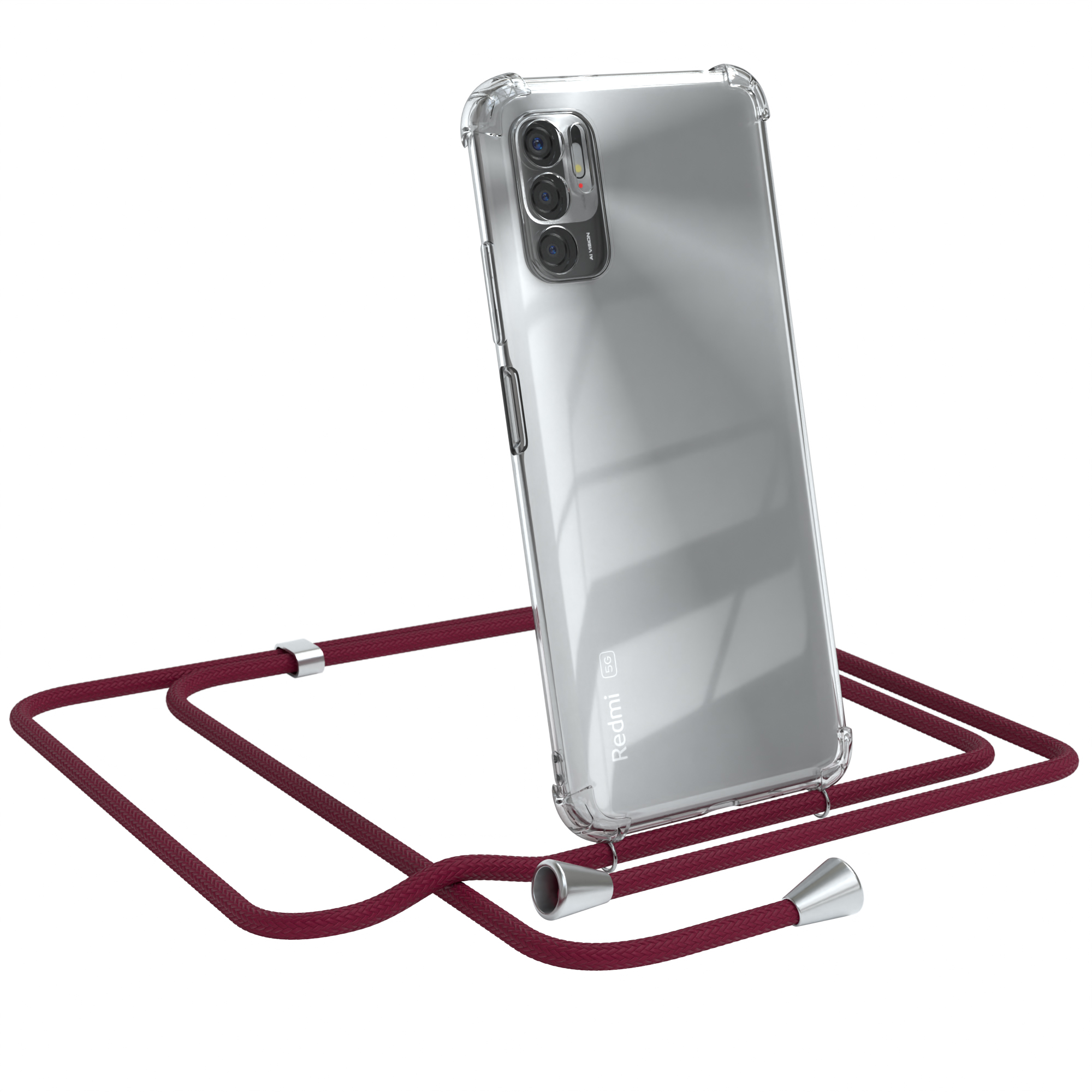 Transparente Handyhülle mit bordeauxrotem Lanyard. Redmi-Telefon schräg, Kamera sichtbar.