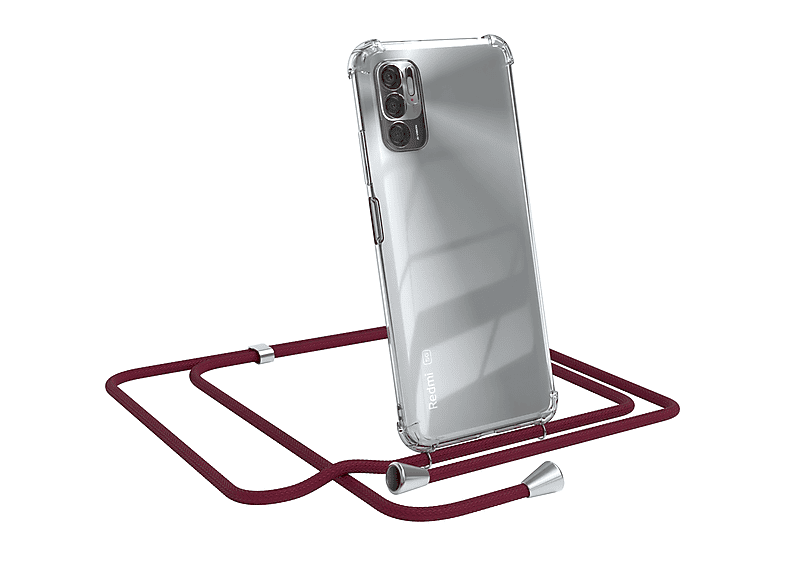EAZY CASE Clear Cover mit Umhängeband, Umhängetasche, Xiaomi, Redmi Note 10 5G, Bordeaux Rot / Clips Silber