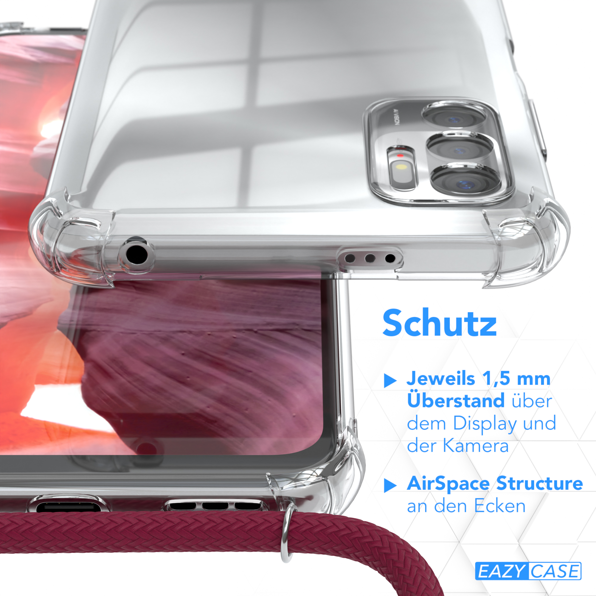 Nahaufnahme einer Handyhülle. Zeigt Schutzfunktionen. Kastanienbraune Kordel im Vordergrund.