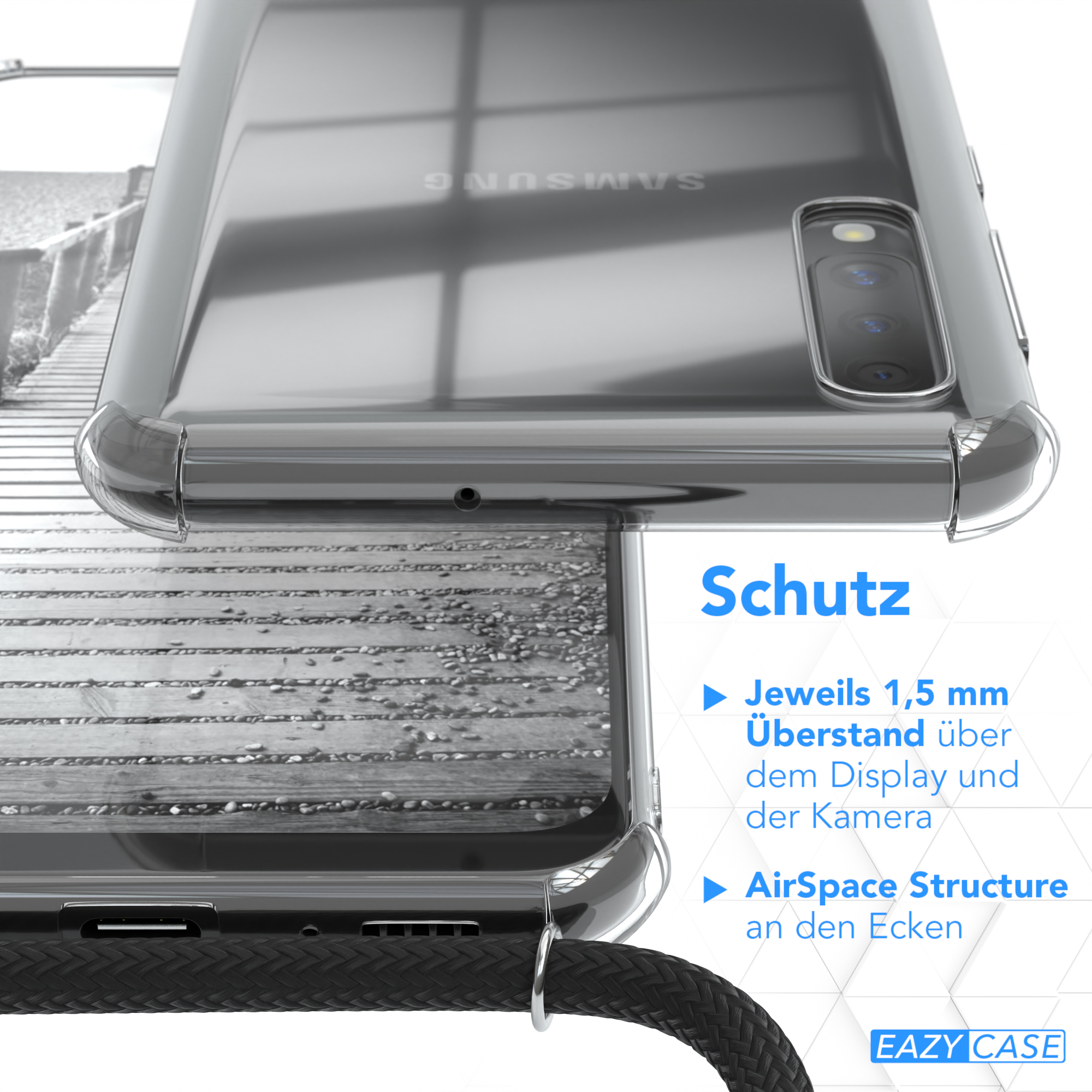 Nahaufnahme einer durchsichtigen Handyhülle. Text sagt Schutz und AirSpace Structure. Eazy Case Logo unten.
