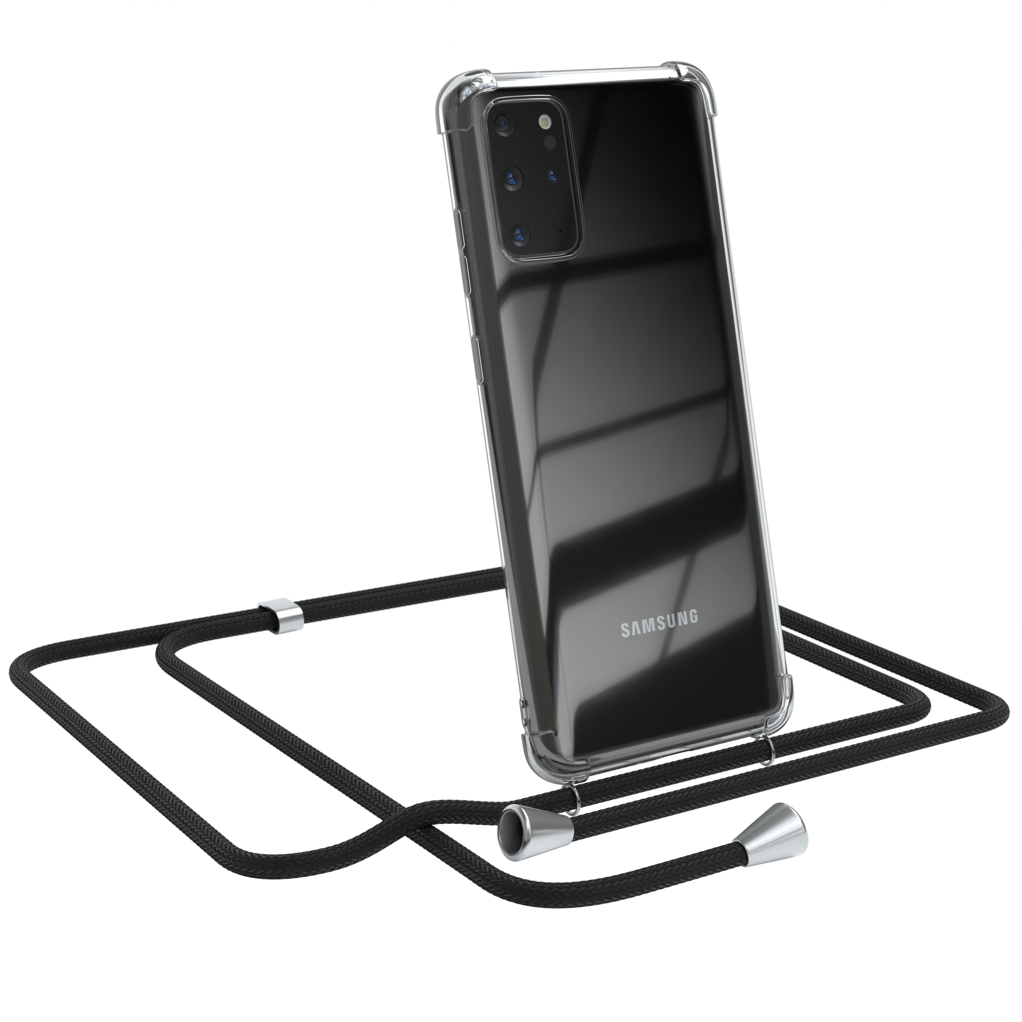 Schwarzes Samsung-Telefon mit klarer Hülle und schwarzem Kabel. Das Telefon steht aufrecht, Samsung-Logo sichtbar.