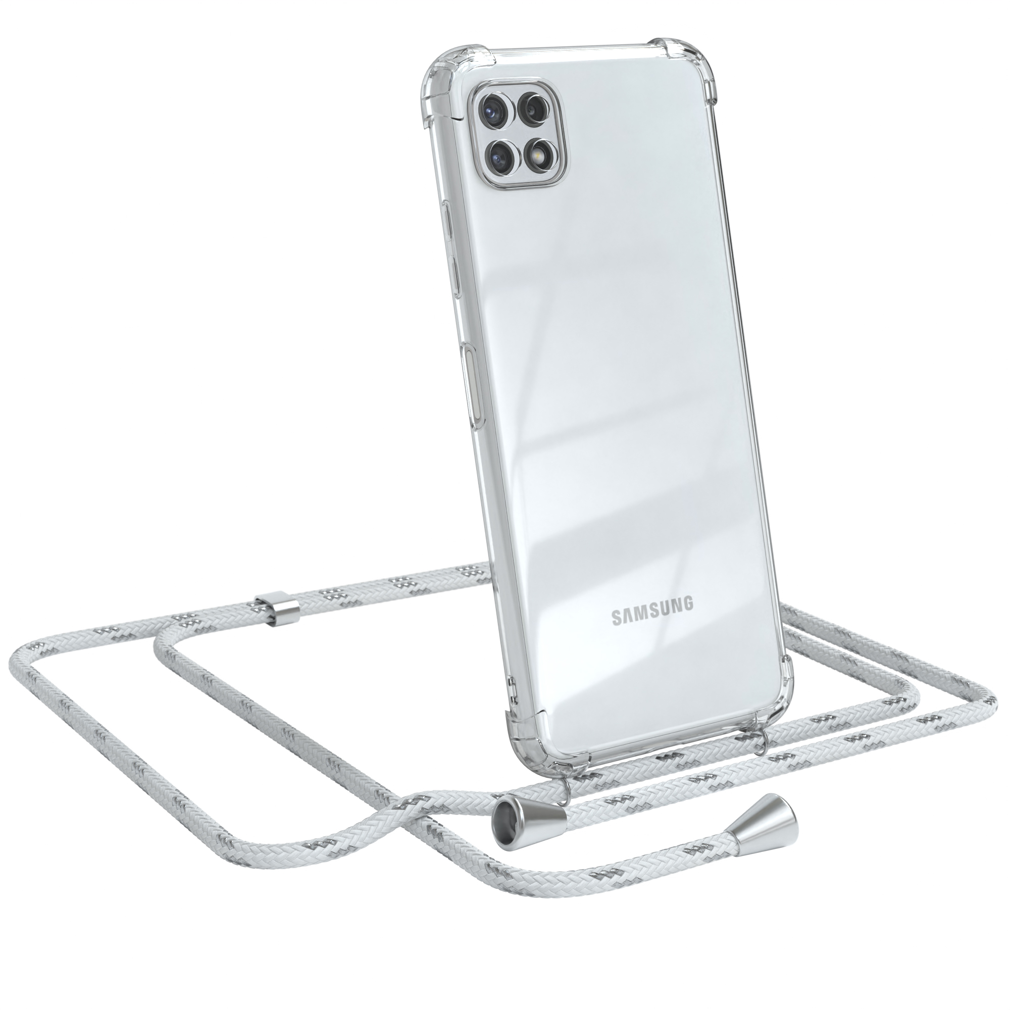 Transparente Handyhülle mit weißem Kordel. Samsung-Telefon hat mehrere Kameras. Silberne Akzente an den Enden.