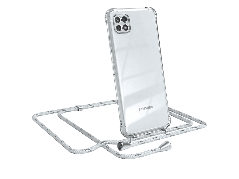 EAZY CASE Clear mit Umhängeband, Galaxy / 5G, A22 Umhängetasche, Clips Samsung, Weiß Cover Silber