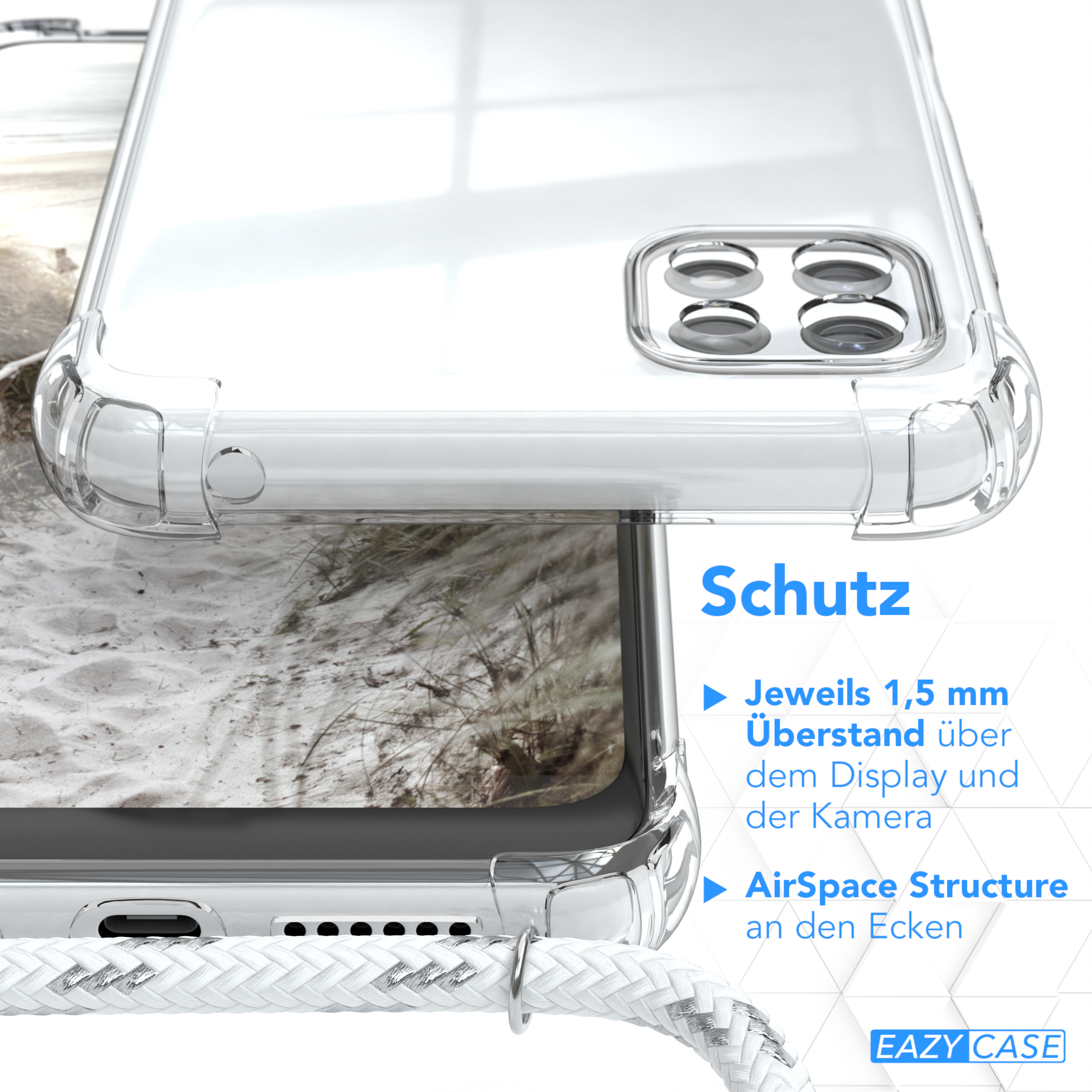 Detail der transparenten Handyhülle mit weißer Kordel, zeigt Schutzfunktionen. Hintergrund ist eine Strandszene.