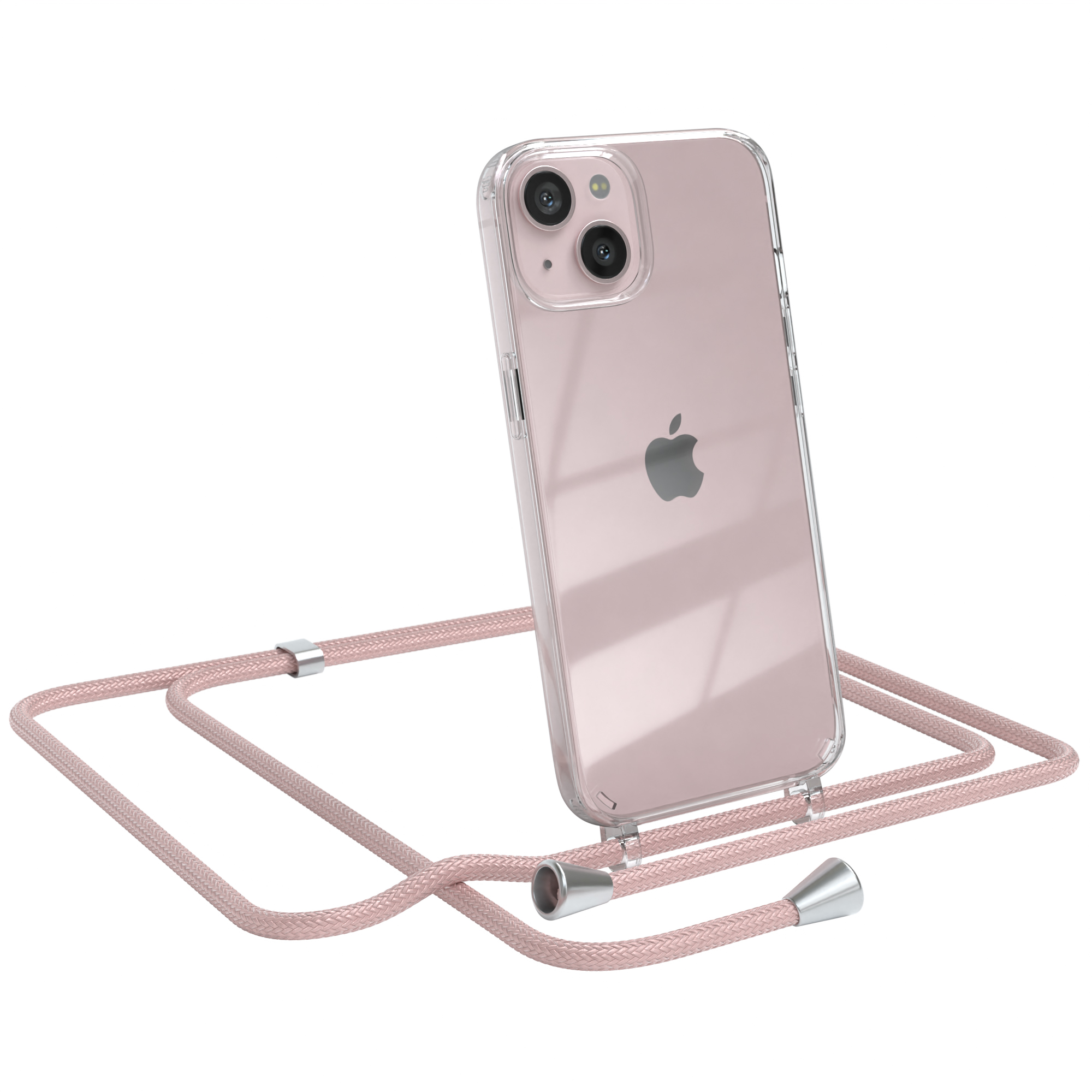 Klare Handyhülle mit rosa Kordel. Ein iPhone befindet sich in der Hülle.