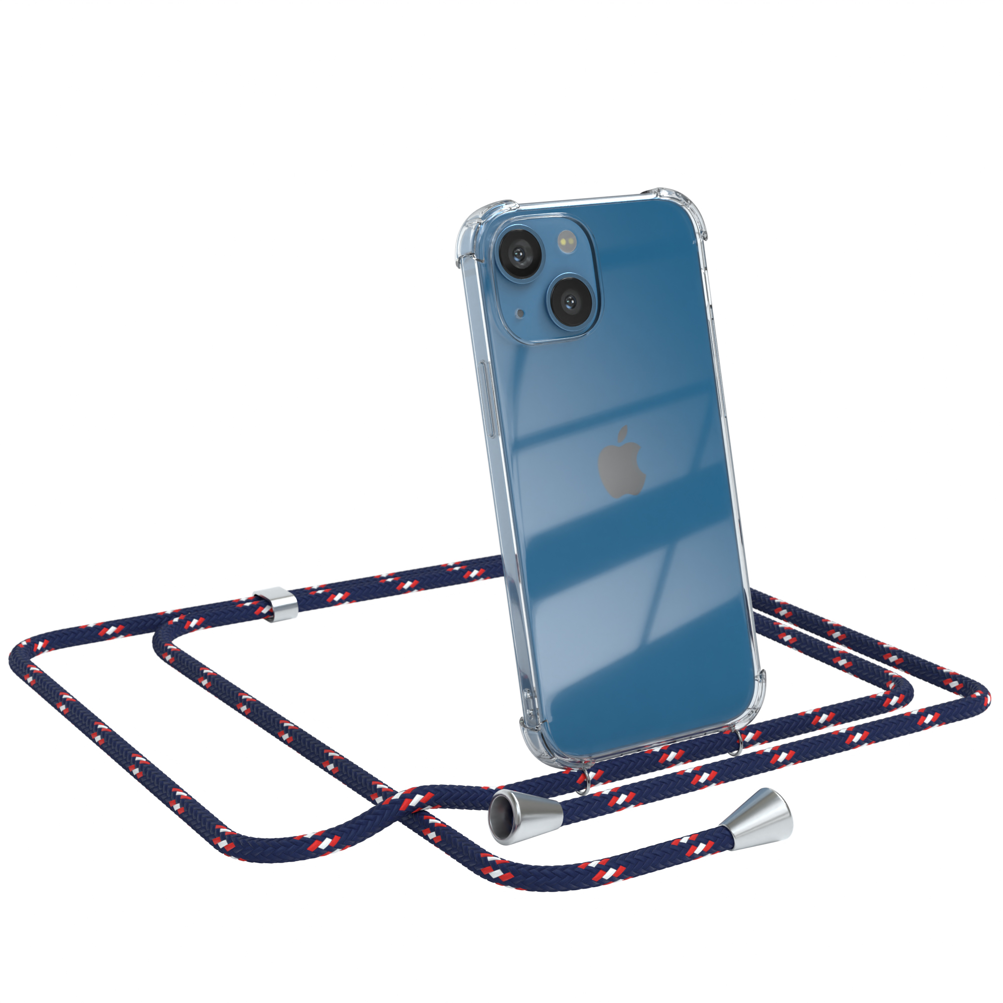 EAZY CASE Clear Cover mit Blau Umhängetasche, Silber Camouflage / Umhängeband, Clips iPhone Apple, 13 Mini