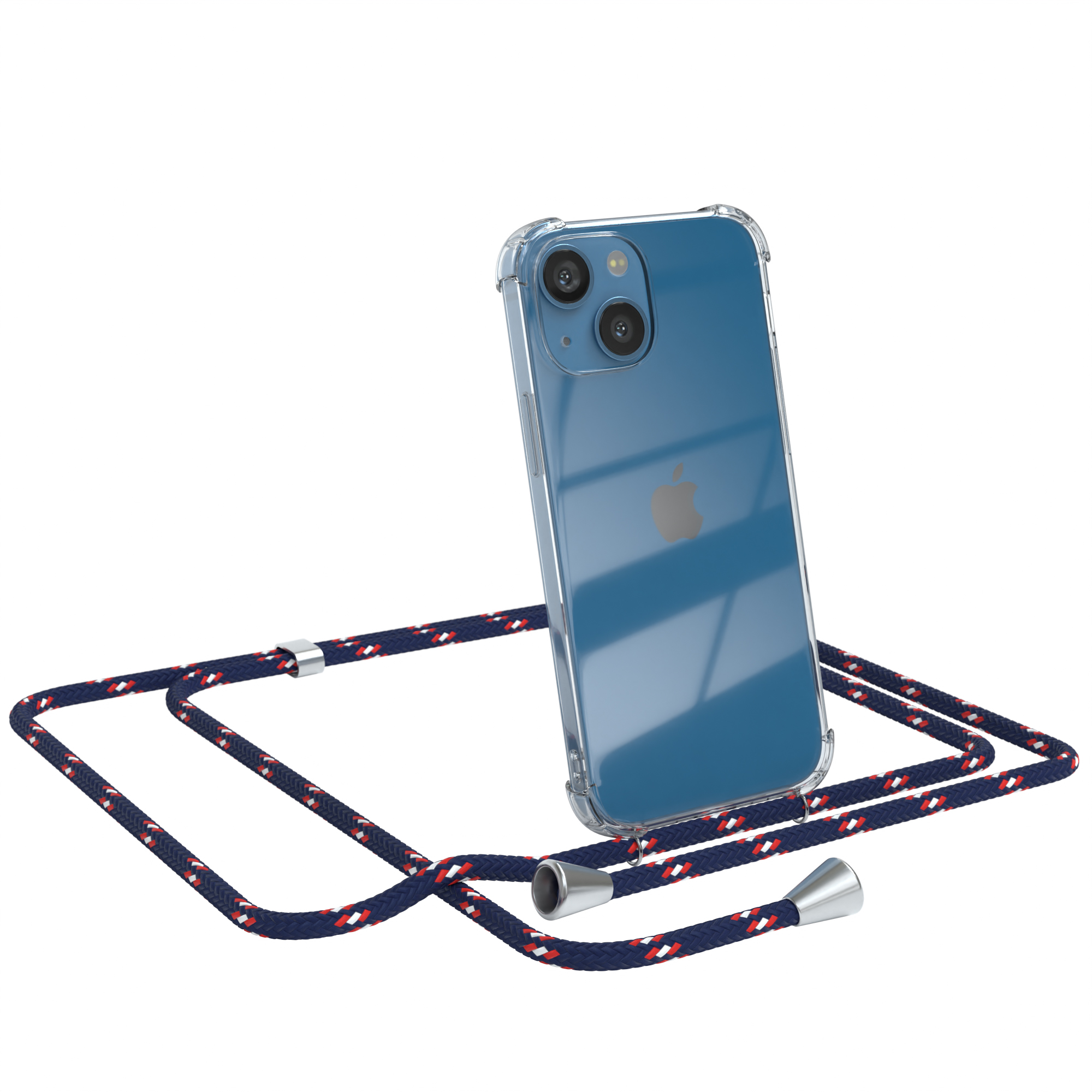 iPhone in einer transparenten Hülle mit blau-rotem Schlüsselband. Auf weißem Hintergrund.