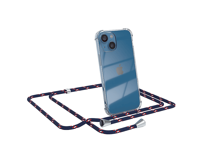 EAZY CASE Clear Cover mit Umhängeband, Umhängetasche, Apple, iPhone 13 Mini, Blau Camouflage / Clips Silber