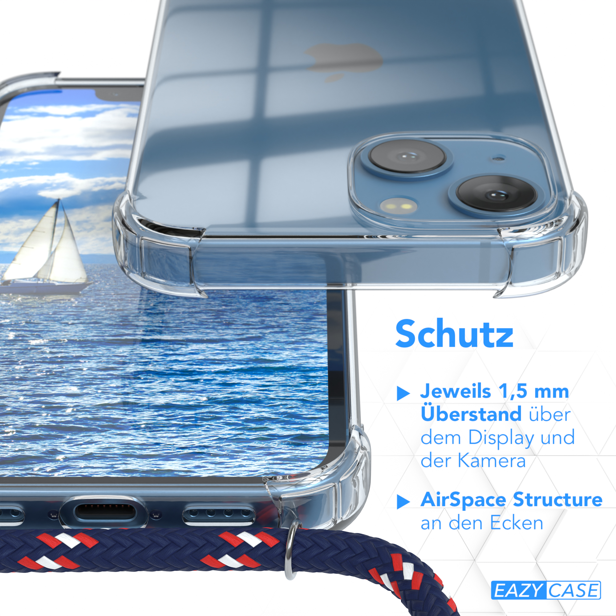 Transparente Handyhülle auf dem Telefon. Details zeigen ein Segelboot und die Eigenschaften der Hülle.