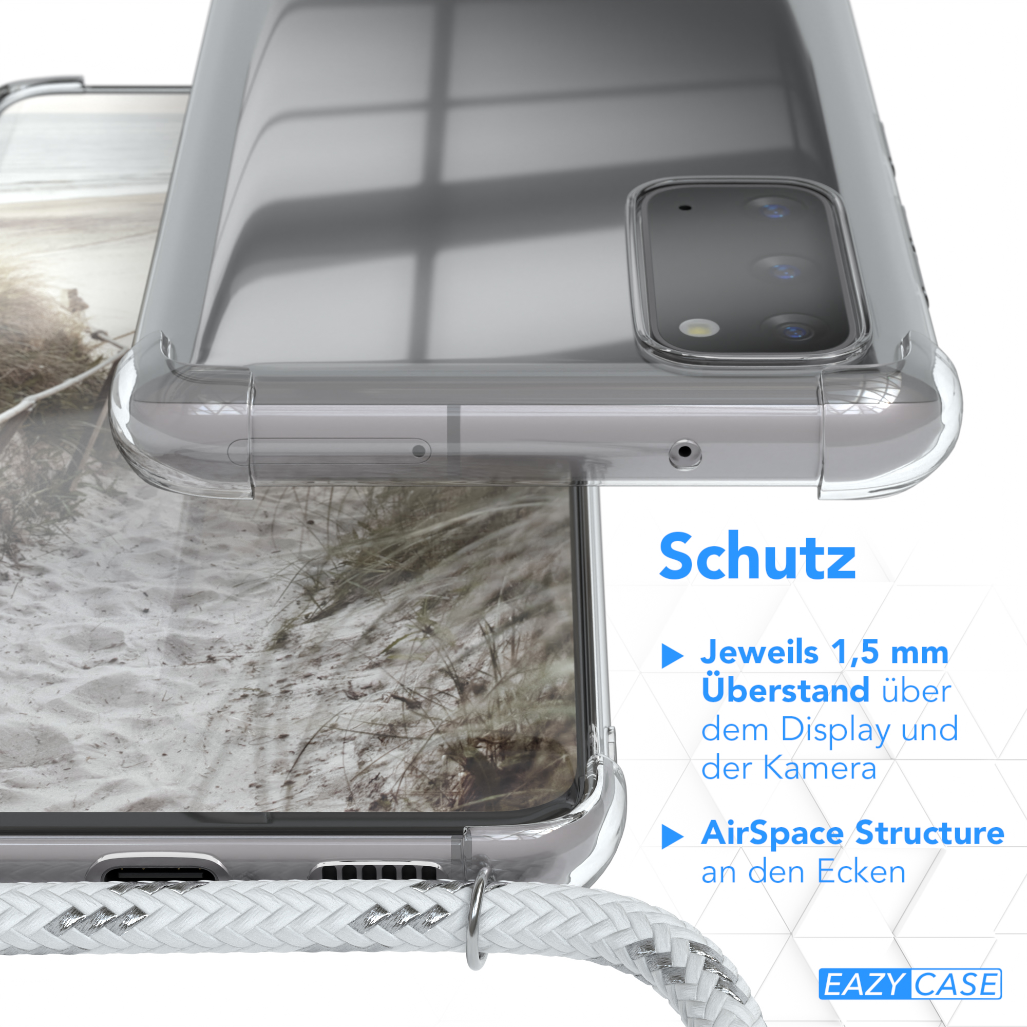 Transparente Handyhülle auf einem Telefon, Nahaufnahme. Text zeigt Merkmale: erhöhte Kanten für den Schutz.