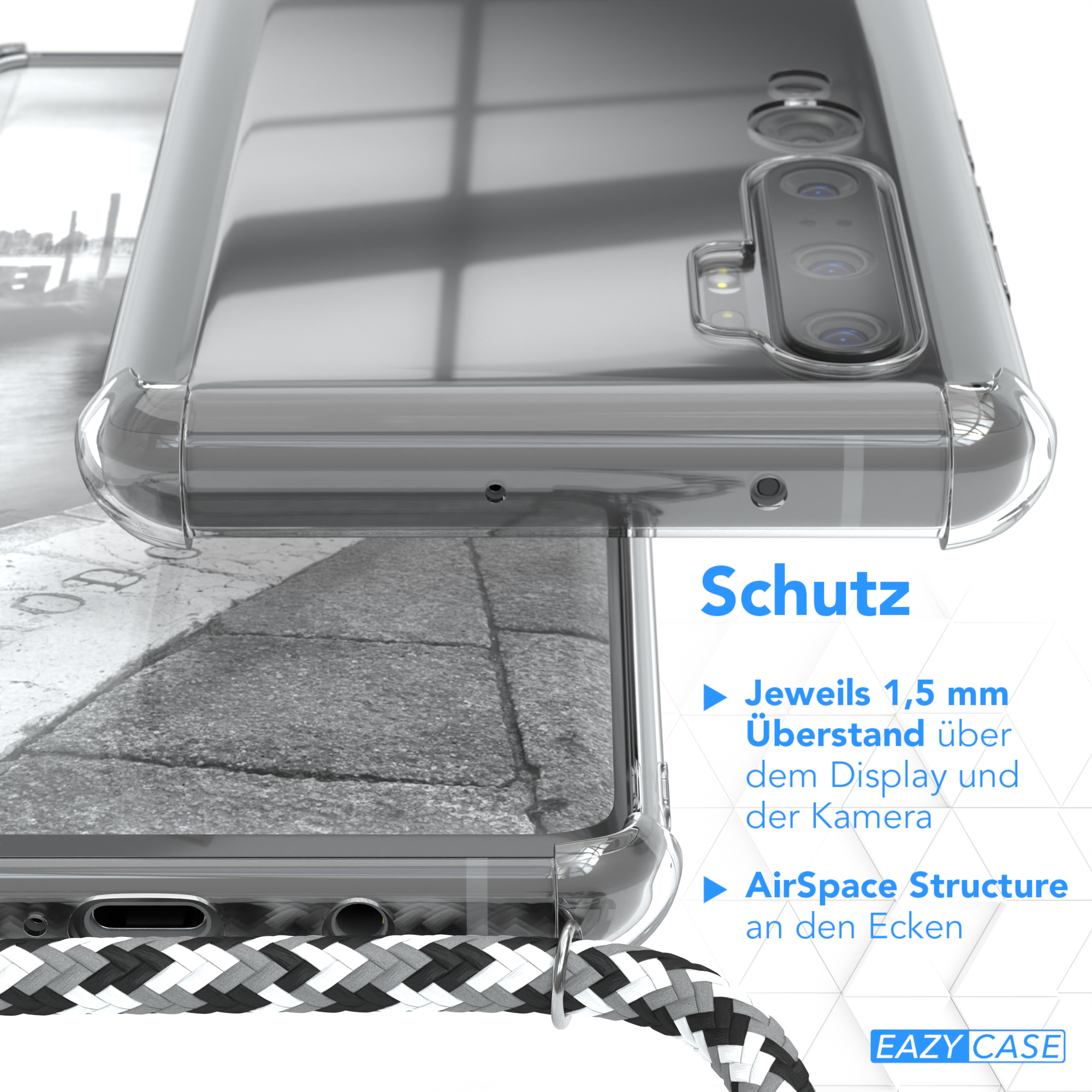 10 Note Mi Clear / EAZY Schwarz Clips Xiaomi, mit Umhängeband, Silber / Note 10 Mi Pro, Cover CASE Camouflage Umhängetasche,