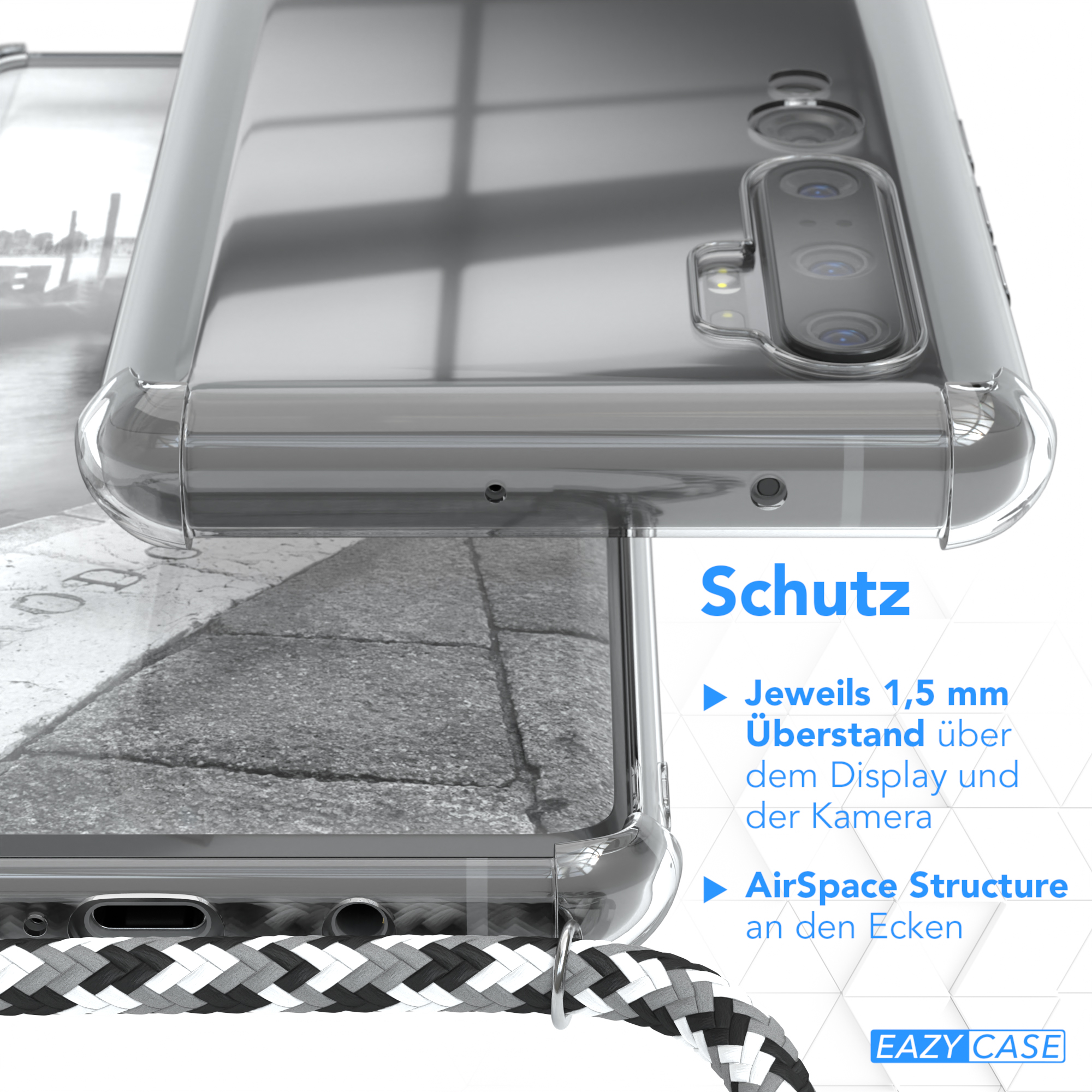 Transparente Handyhülle über Telefon, Ziegelszene, Schutzfunktionen hervorgehoben.