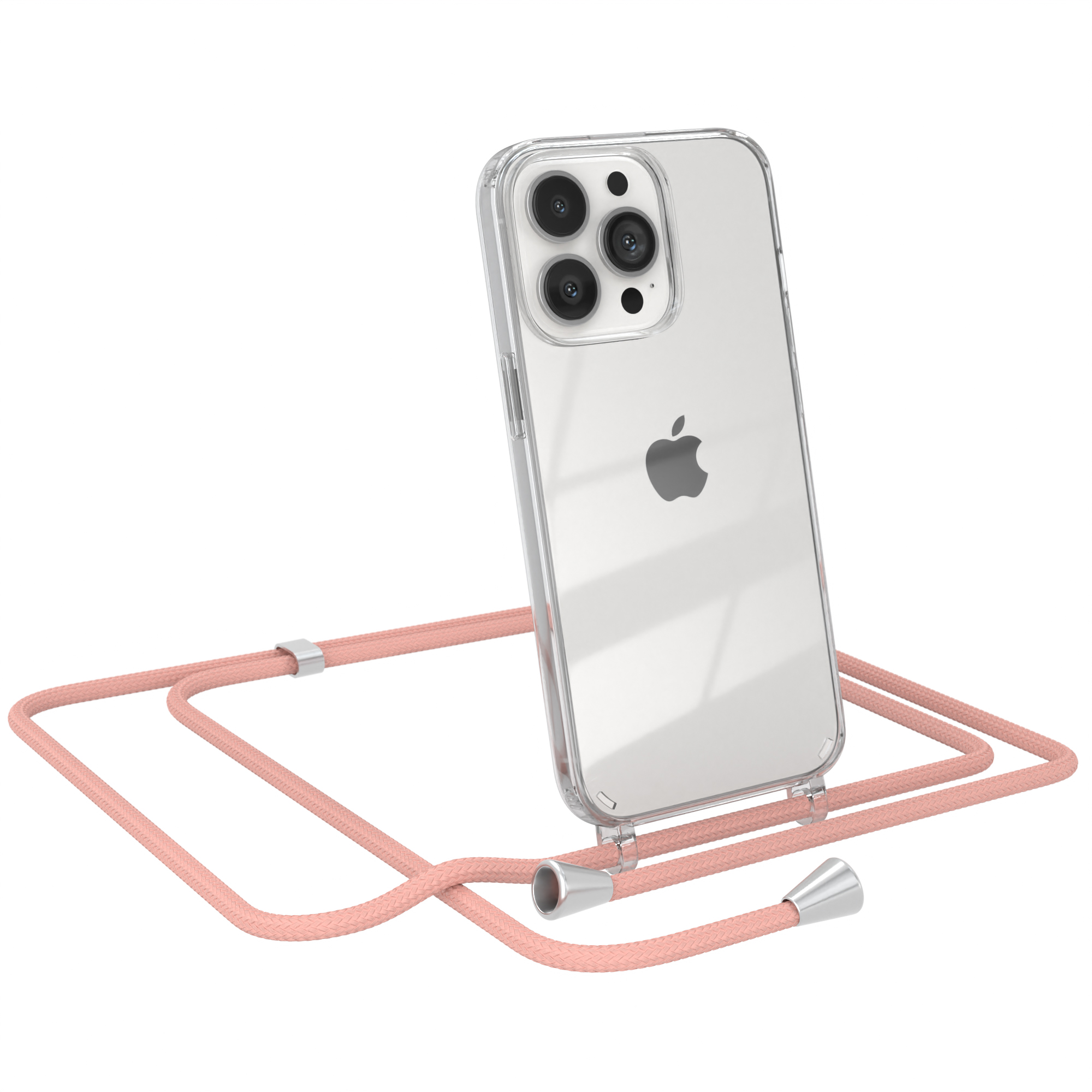 iPhone in klarer Hülle mit rosa Kordel. Weißer Hintergrund.