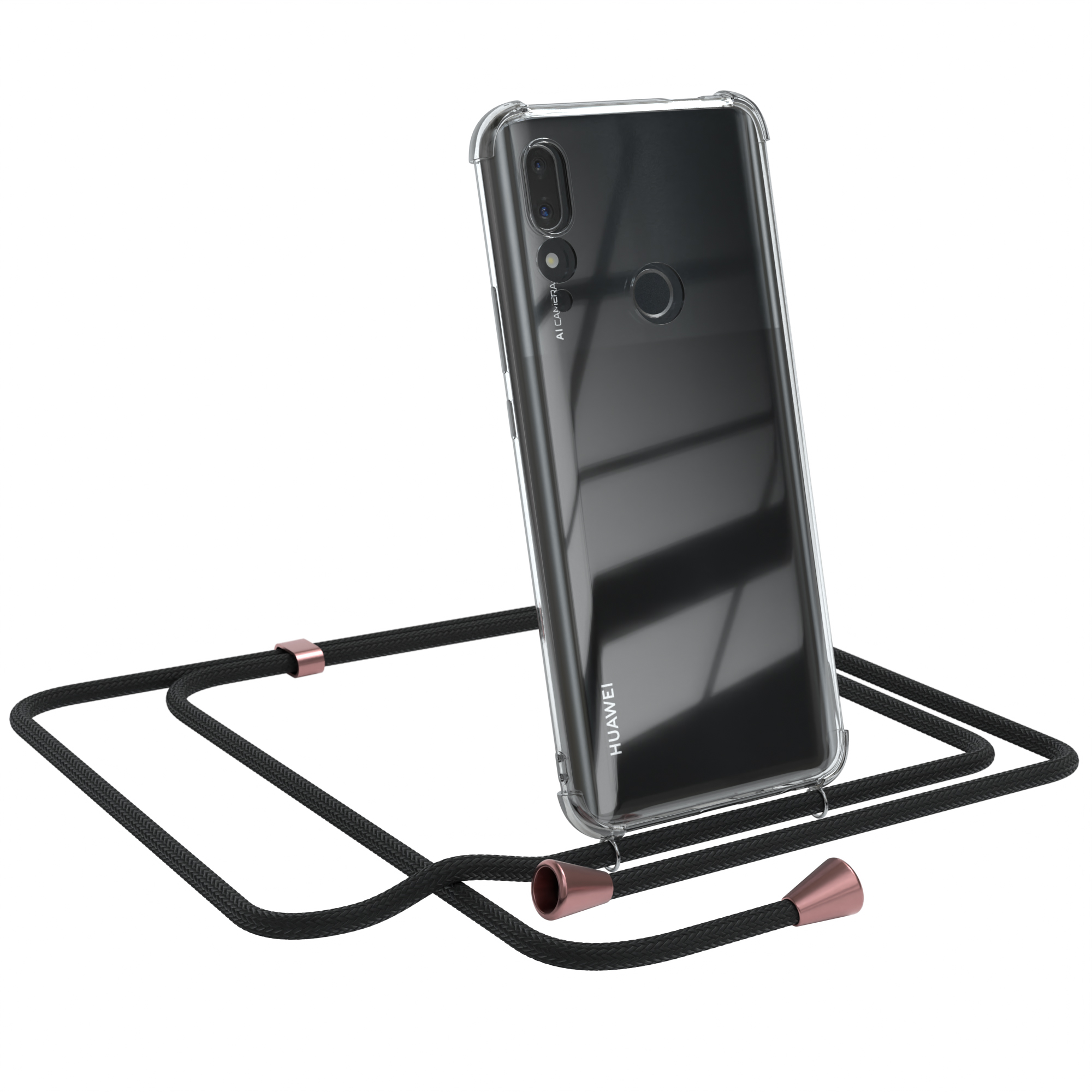 Eine transparente Handyhülle mit schwarzem Seilriemen, die ein Huawei-Handy hält.