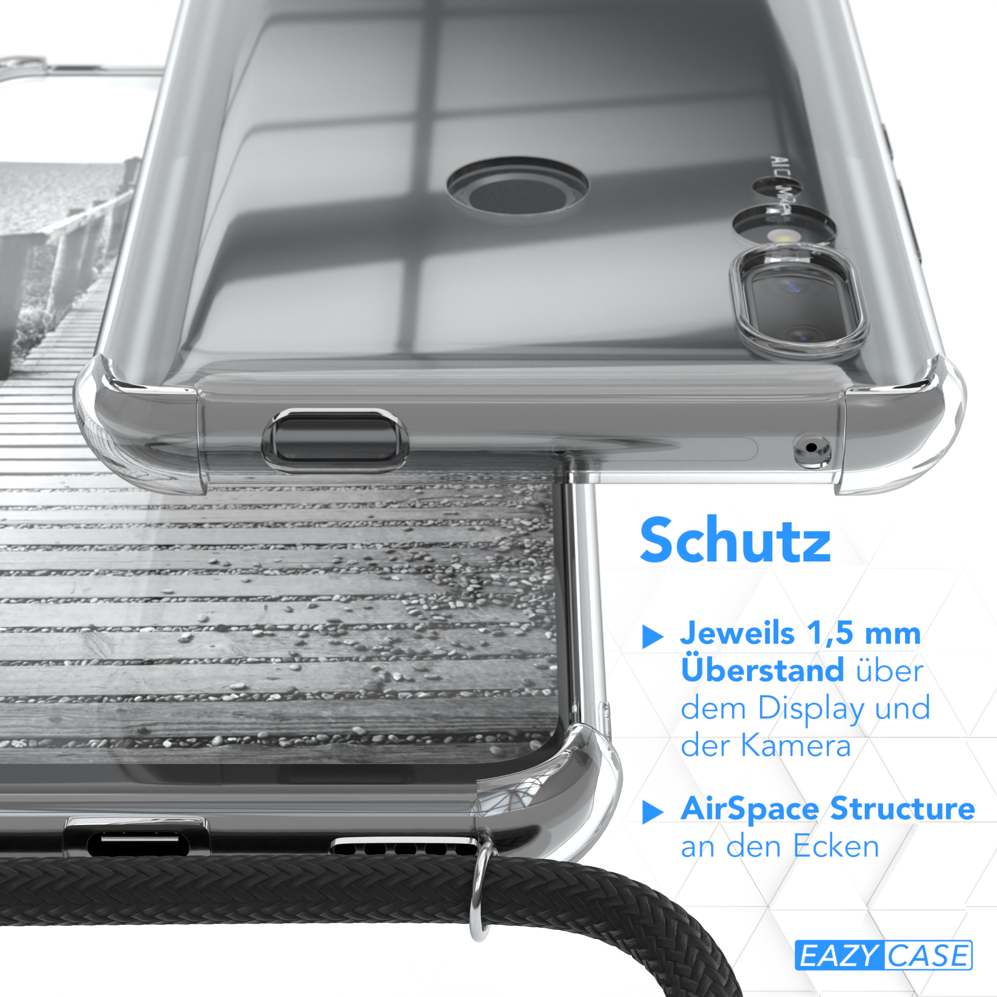 EAZY CASE Clear Cover mit Z P Y9 Clips (2019), Umhängetasche, / Rosé Prime / Schwarz Smart Umhängeband, Huawei
