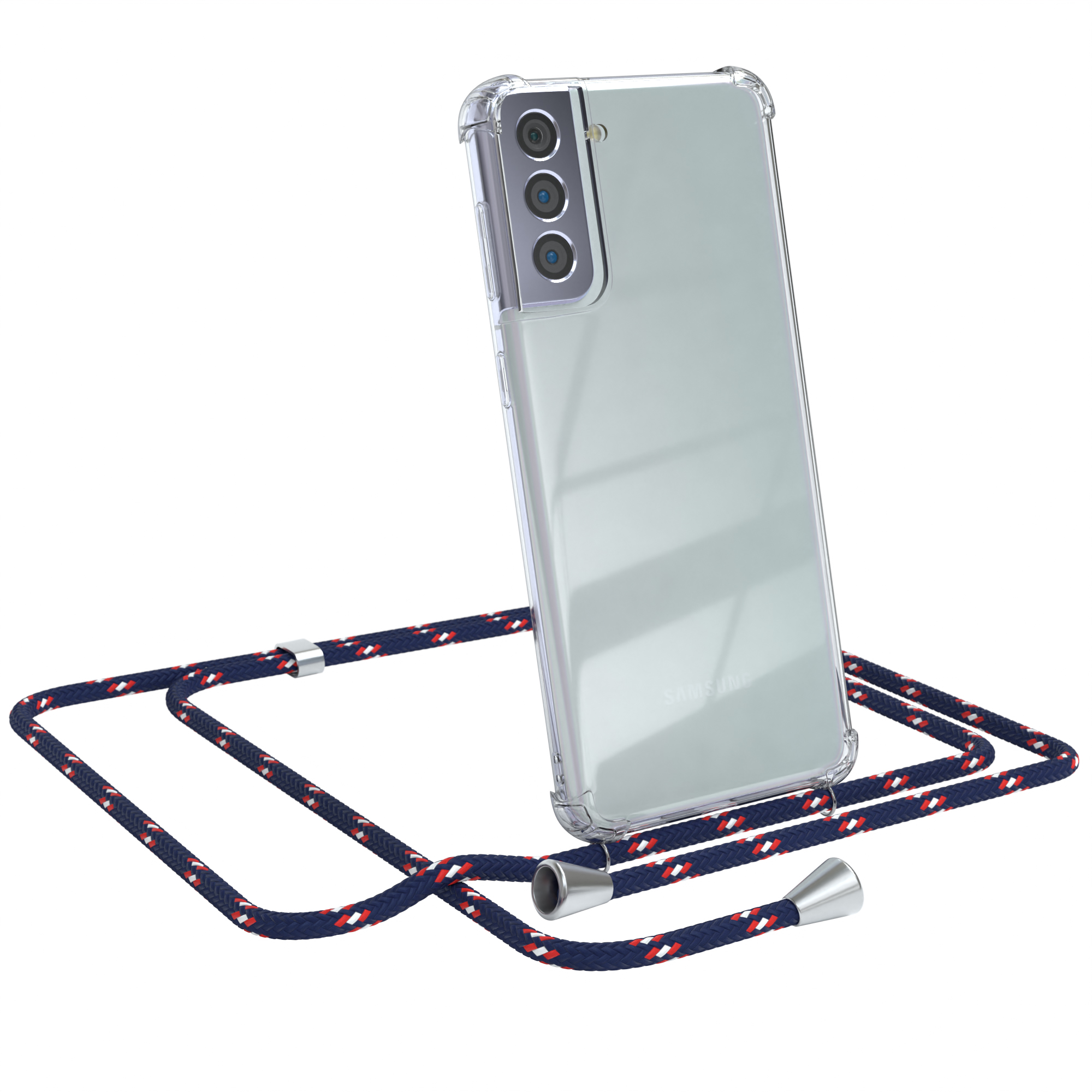 Ein Telefon in einer transparenten Hülle mit einem marineblauen und roten Seil. Das Telefon hat ein Samsung-Logo.