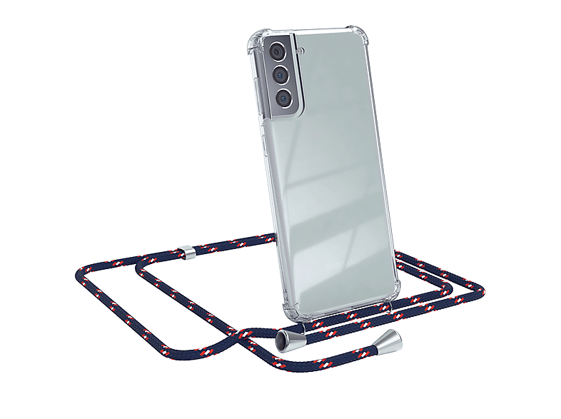 EAZY CASE Clear Cover mit Umhängeband, Umhängetasche, Samsung, Galaxy S21 Plus 5G, Blau Camouflage / Clips Silber