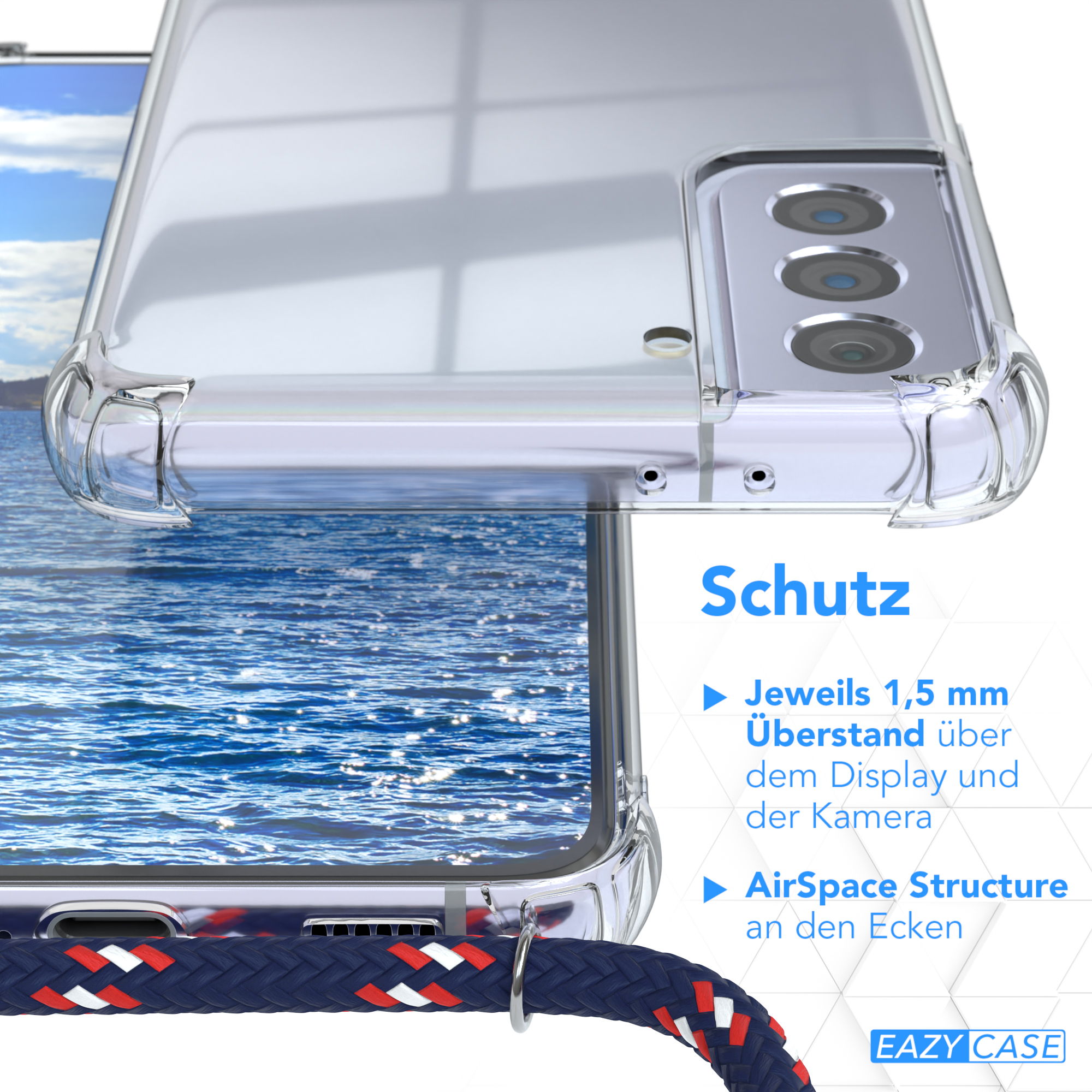 Transparente Handyhülle Nahaufnahme. Text: Schutz. Merkmale: 1,5 mm über Display und Kamera, AirSpace Structure. Blaues Kabel.