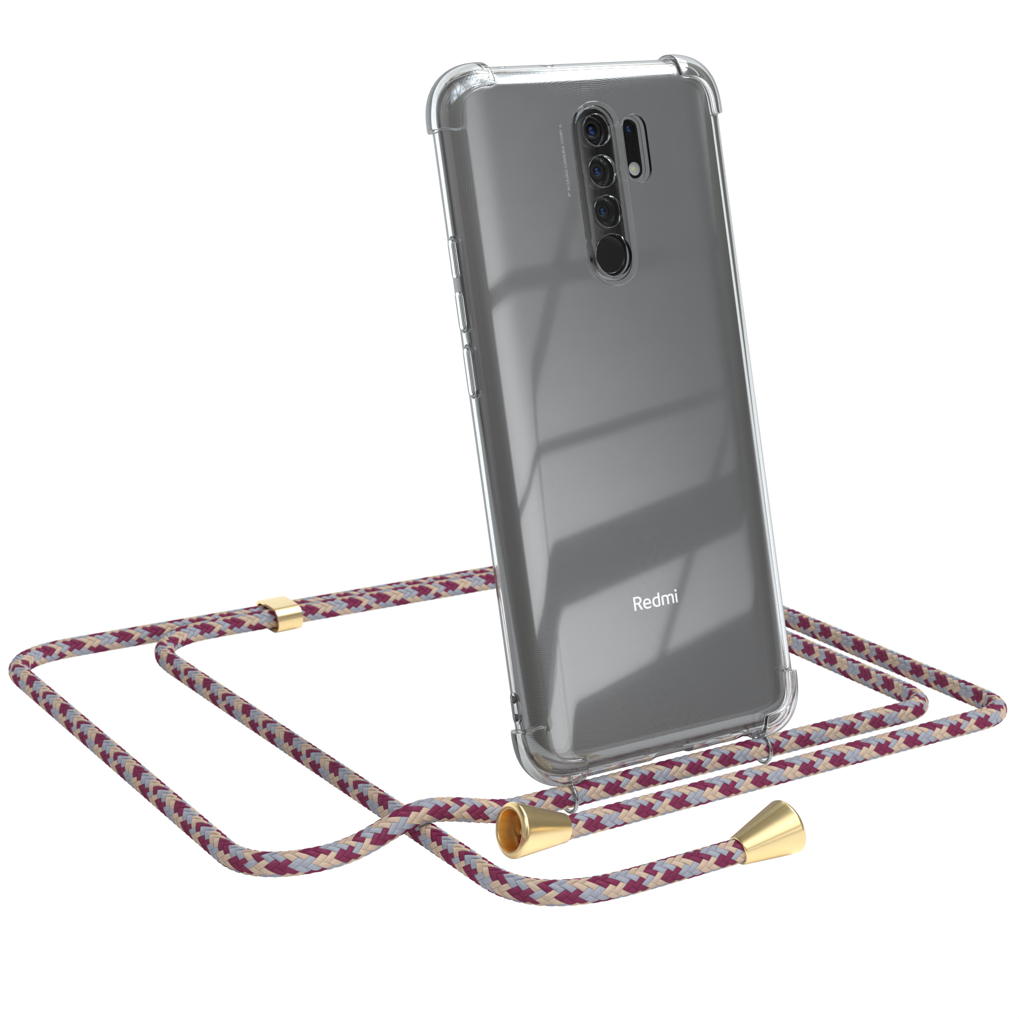 Klare Handyhülle mit rot-lila Seil am grauen Telefon befestigt.