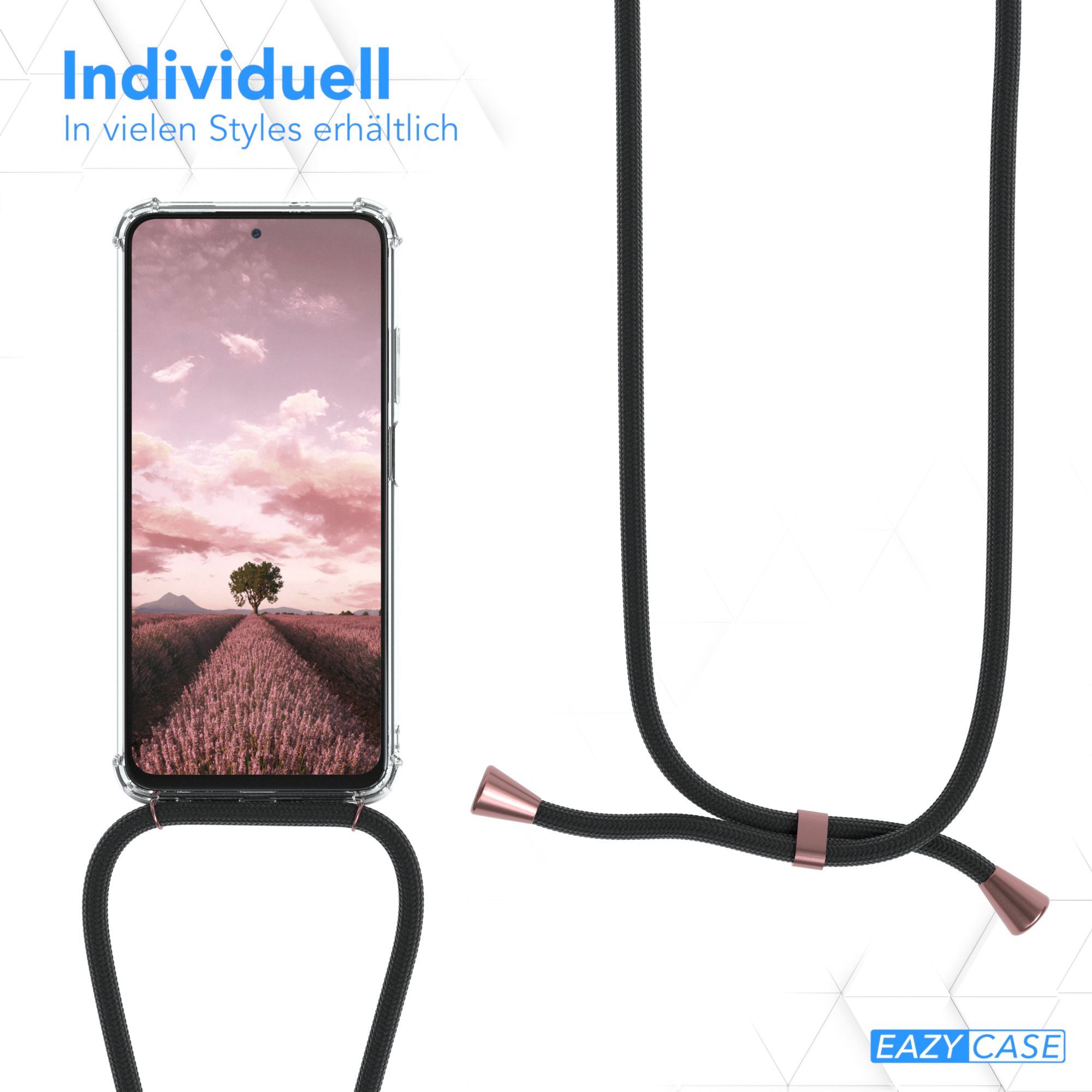 Telefon mit Hülle und Halsband. Das Telefon zeigt eine Landschaftsszene. Das Band ist schwarz und roségold.