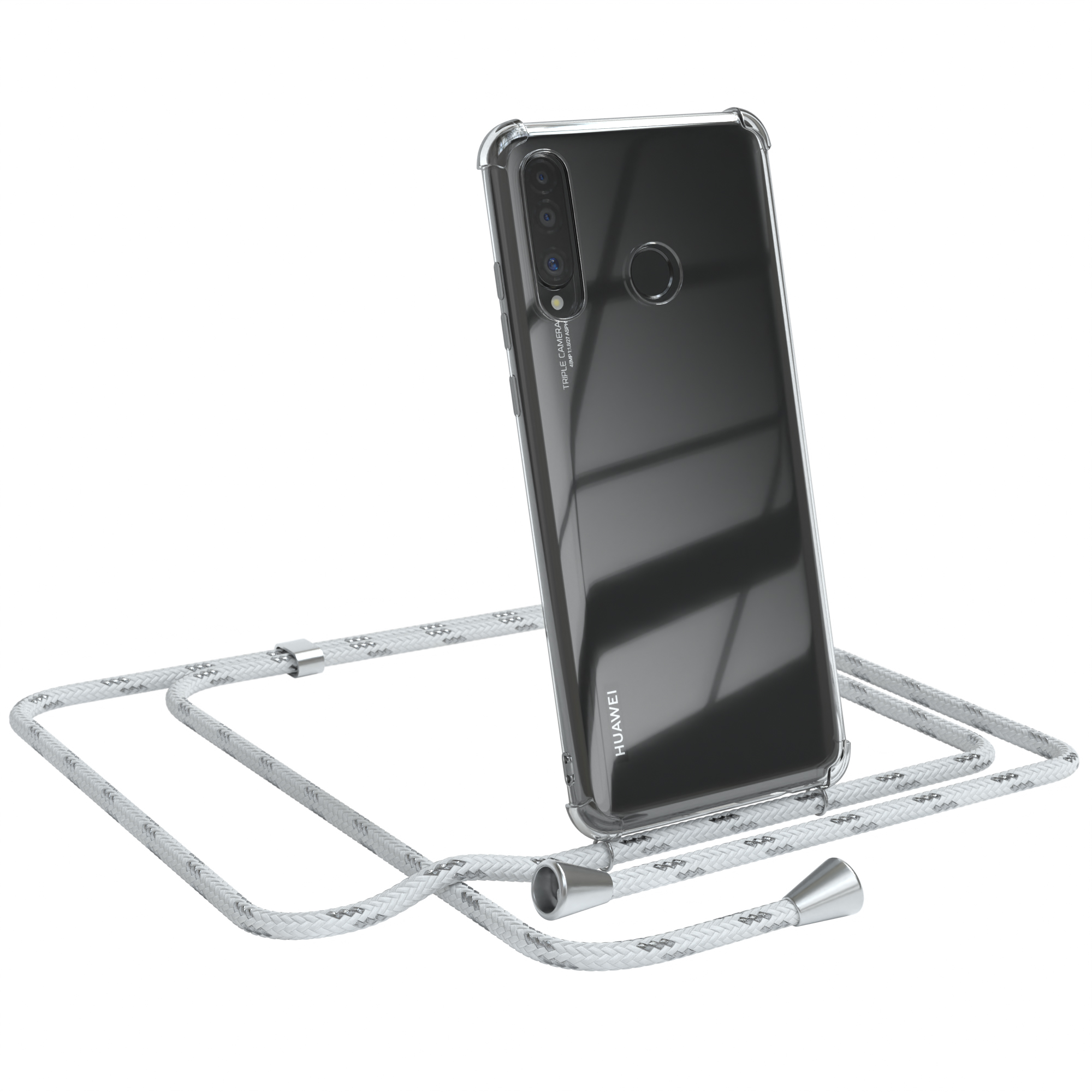 Transparente Handyhülle mit weißer Kordel. Ein Huawei-Handy ist in der Hülle, weißer Hintergrund.