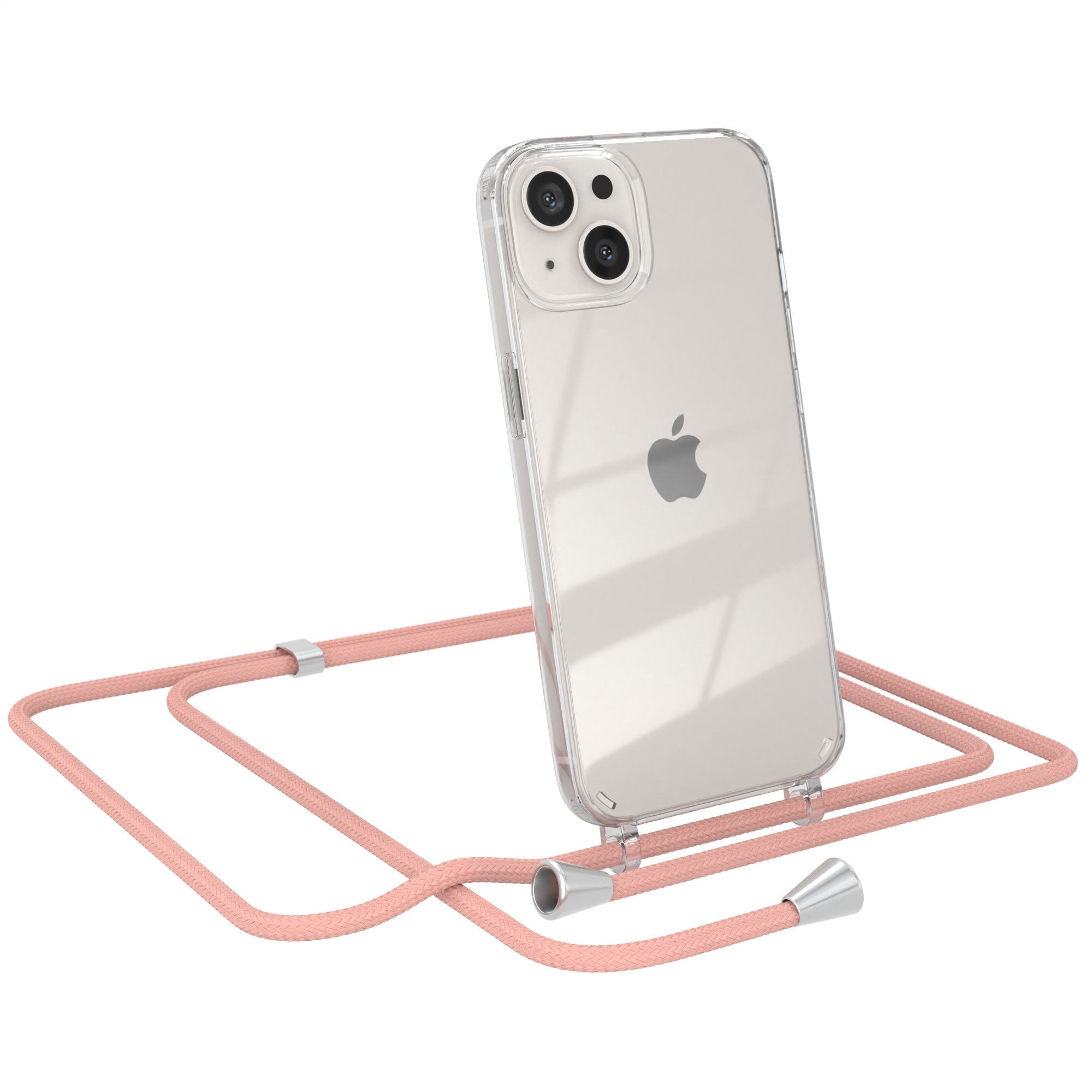 Ein iPhone in einer transparenten Hülle mit einem rosa Lanyard.