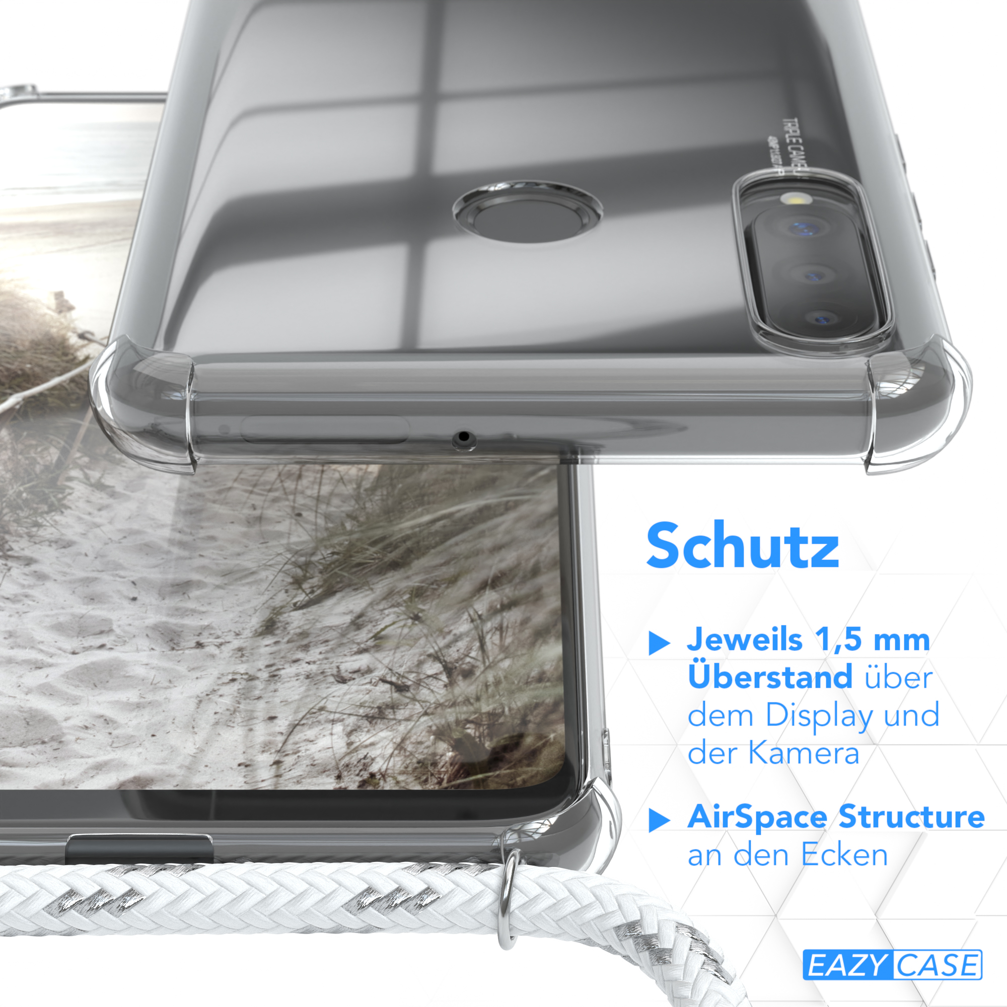 Transparente Handyhülle über Telefon, Strandmotiv, Schutzfunktionen hervorgehoben.