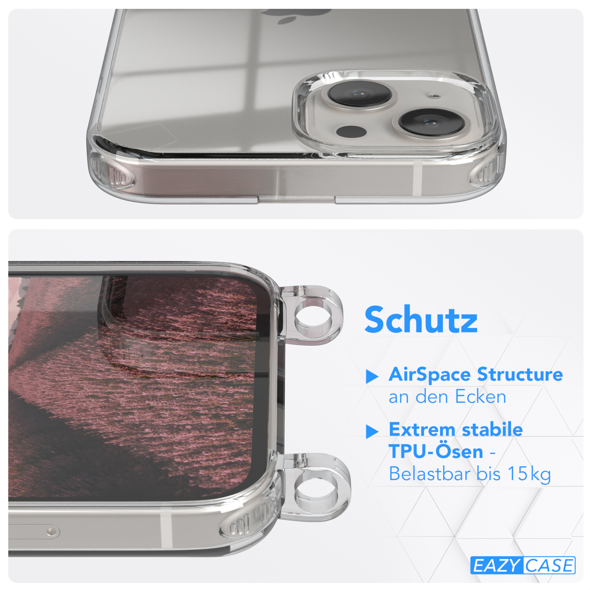 Nahaufnahme einer Handyhülle mit Text 'Schutz'. Zeigt AirSpace Structure und TPU-Ösen.