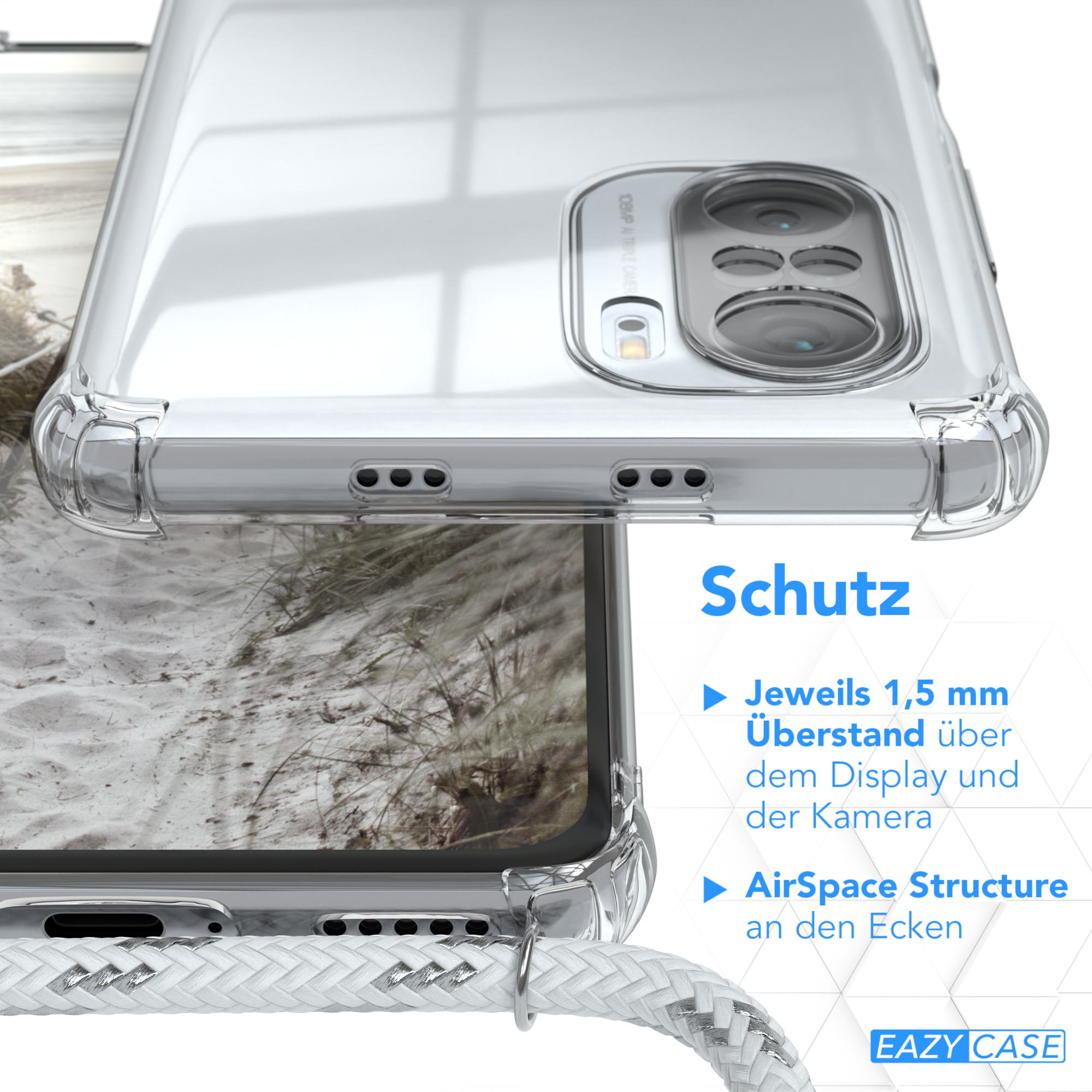 EAZY CASE Clear Cover mit Weiß Umhängetasche, 11i, Clips Xiaomi, Silber Mi / Umhängeband